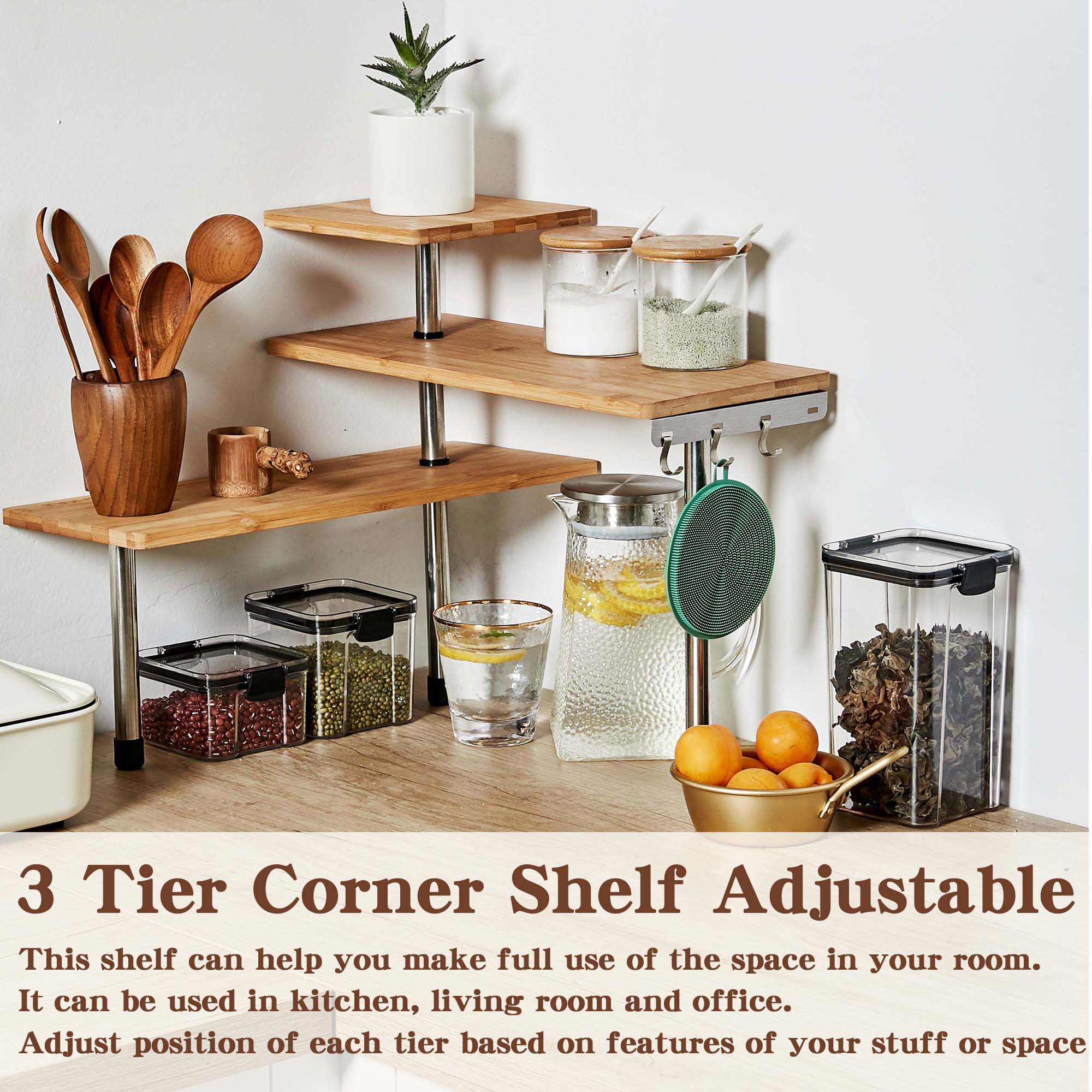 HYNAWIN 3 Tier Corner Shelf Bamboo & Metal Storage Spice Rack-Desk Bookshelf Display Shelves Space Saving Organizer