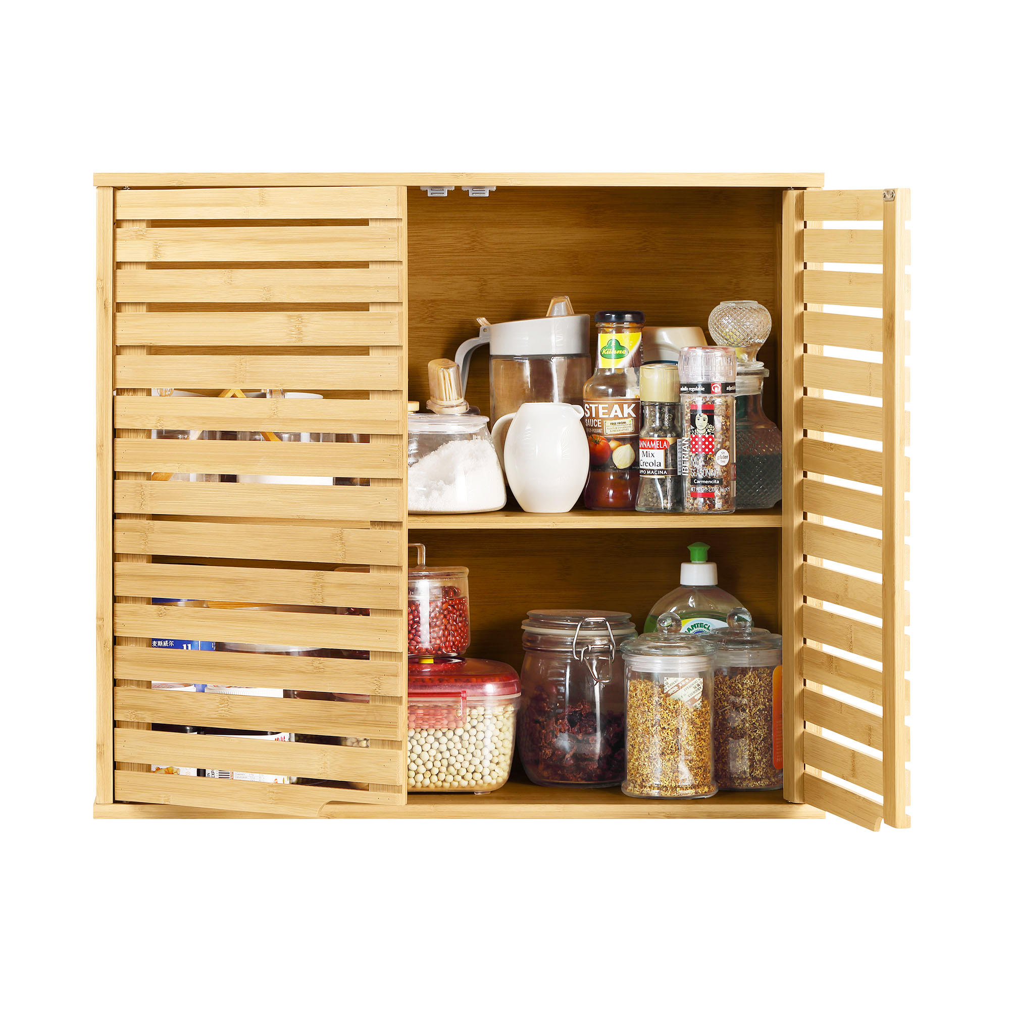 HYNAWIN Bamboo 2 Tier Bathroom Wall Cabinet with Adjustable Shelf, Double Door Cabinet for Bathroom, Living Room (20.28'' Height)