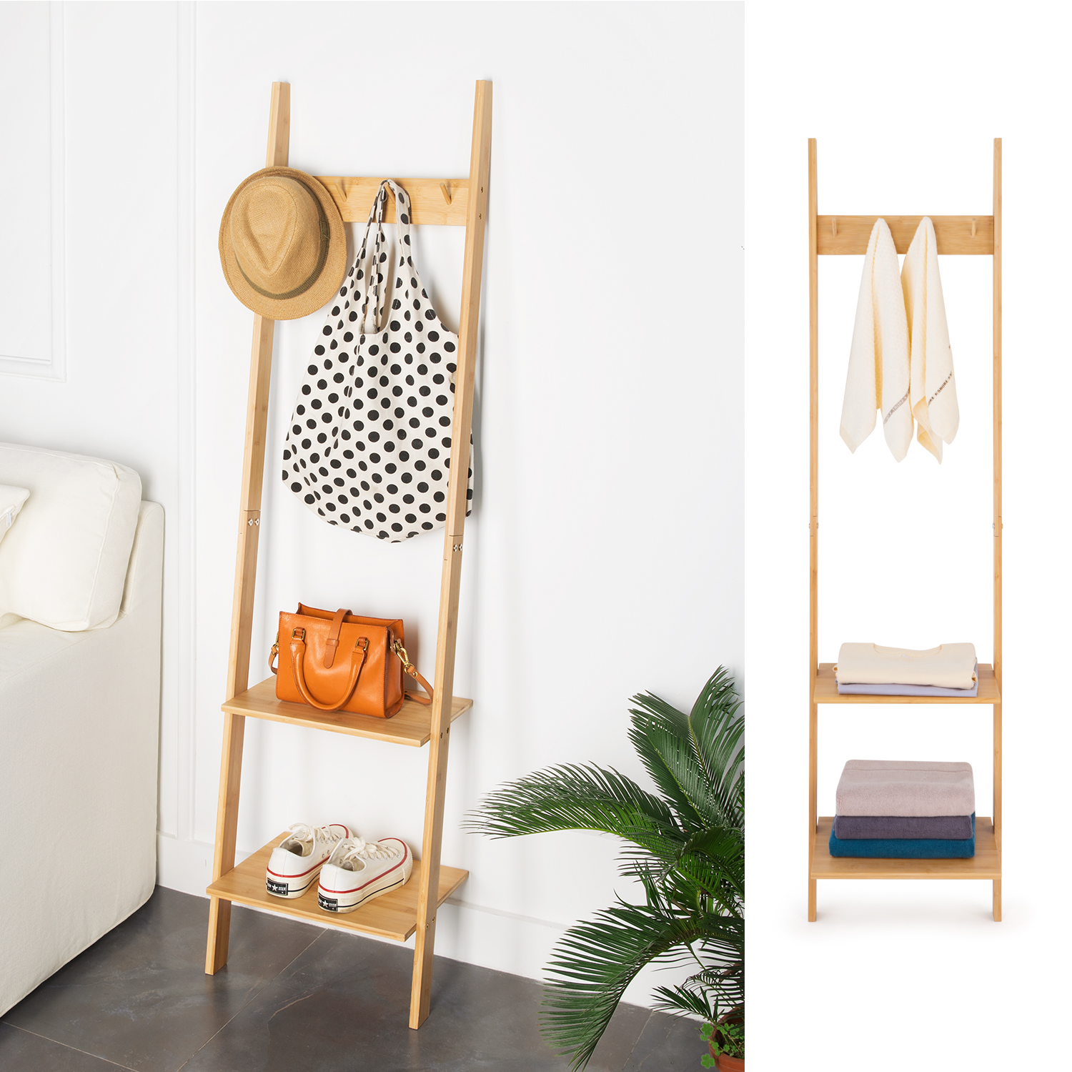 HYNAWIN Ladder Shelf Bookcase,5-Tier Bamboo Storage Rack Shelves Wall Leaning Shelf Unit,FreeStanding Plant Stand, Corner Display Shelves for Living Room, Bathroom, Kitchen, Office(65in)