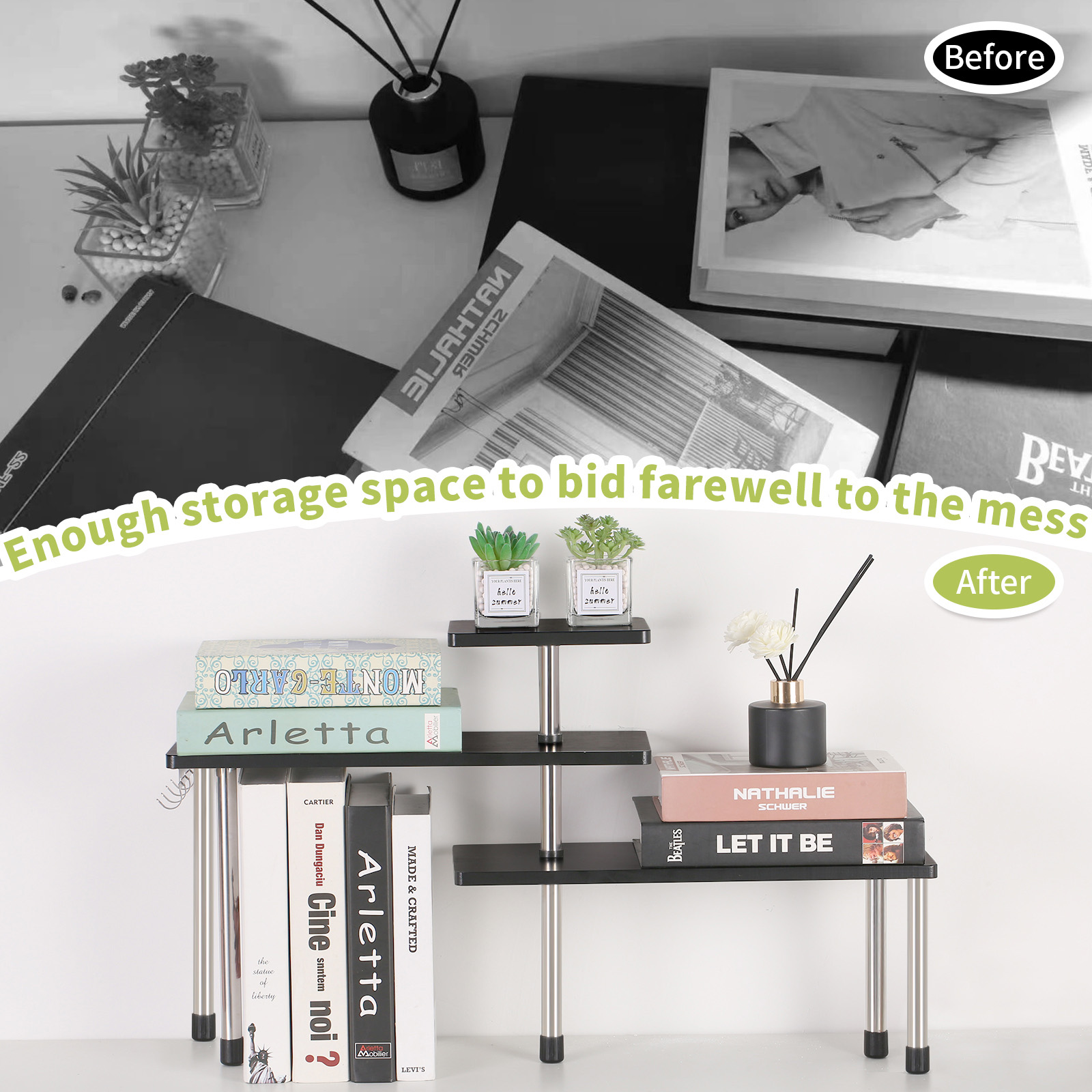 HYNAWIN 3 Tier Corner Shelf Bamboo & Metal Storage Spice Rack-Desk Bookshelf Display Shelves Space Saving Organizer -Adjustable Rack for Kitchen,Bedroom, Office-Creative Home Décor with Hooks