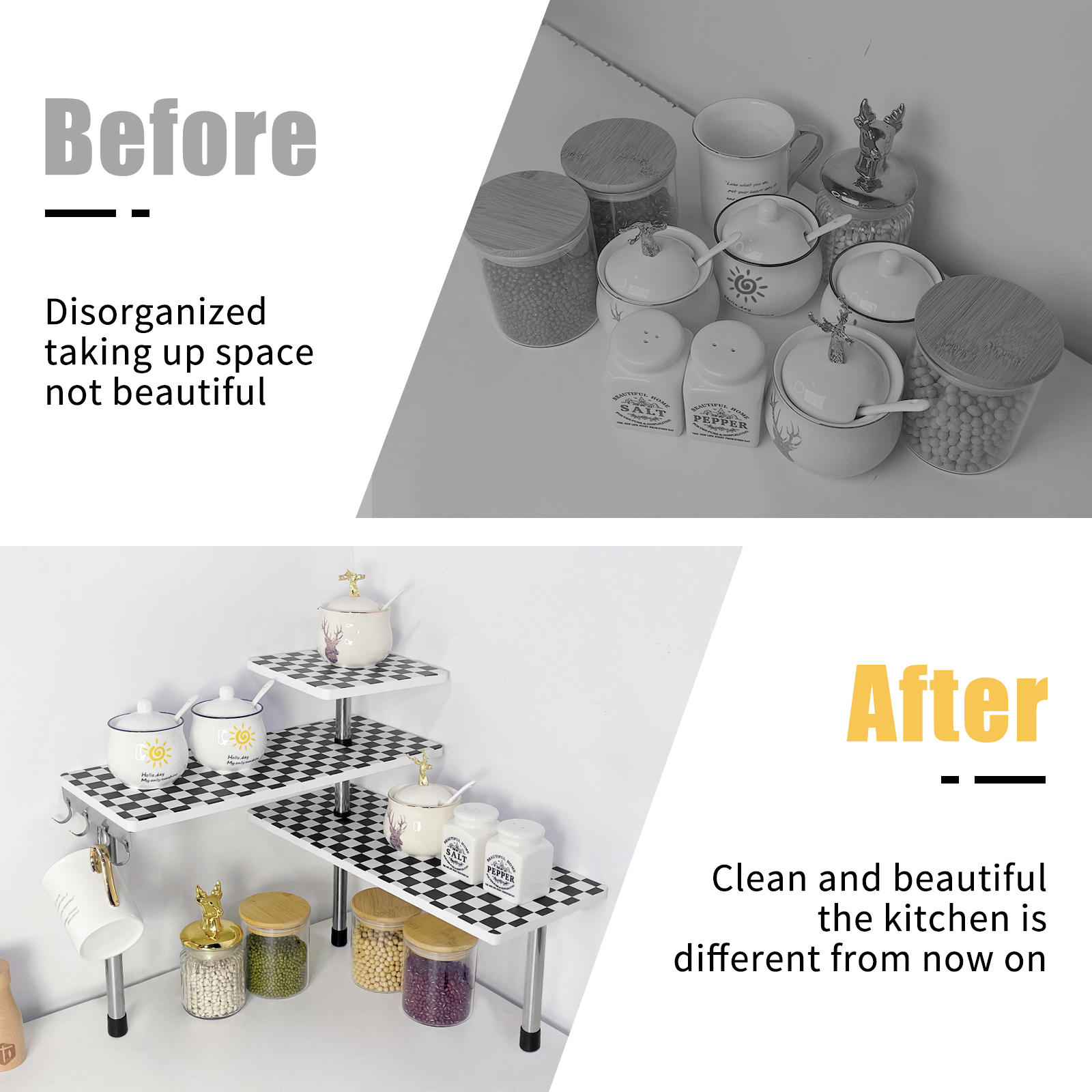 HYNAWIN 3 Tier Corner Shelf Bamboo & Metal Storage Spice Rack-Desk Bookshelf Display Shelves Space Saving Organizer 