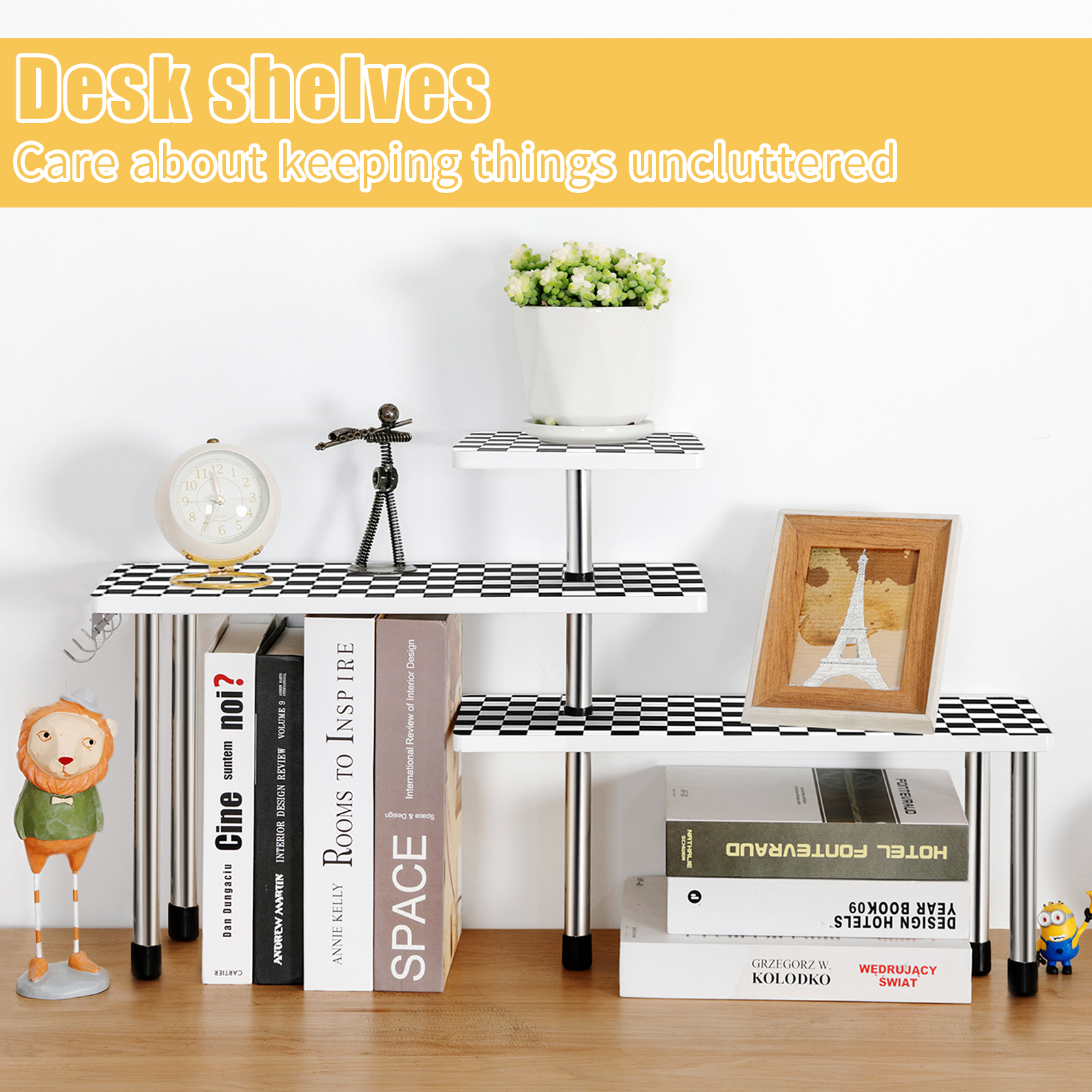 HYNAWIN 3 Tier Corner Shelf Bamboo & Metal Storage Spice Rack-Desk Bookshelf Display Shelves Space Saving Organizer