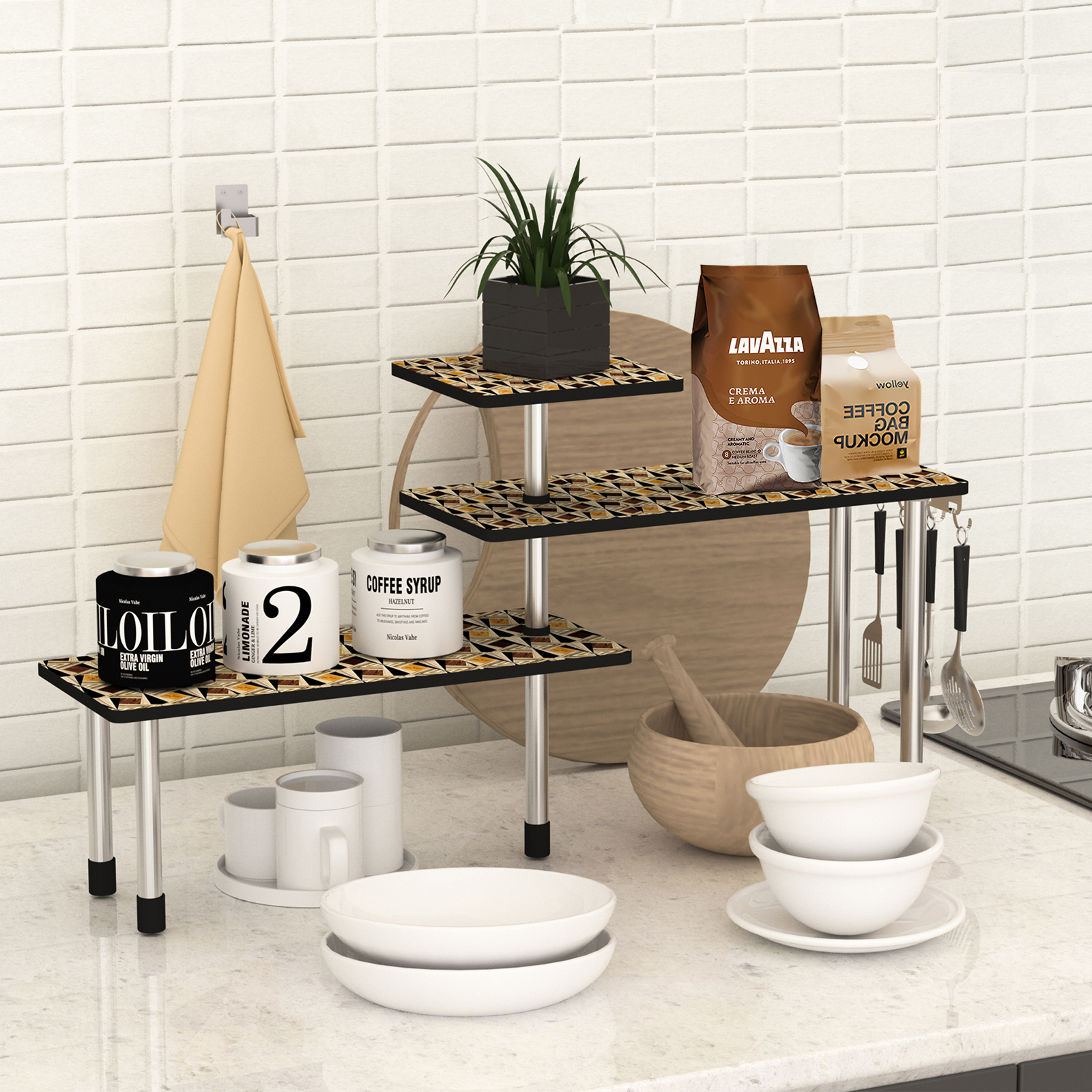 HYNAWIN 3 Tier Corner Shelf Bamboo & Metal Storage Spice Rack-Desk Bookshelf Display Shelves Space Saving Organizer