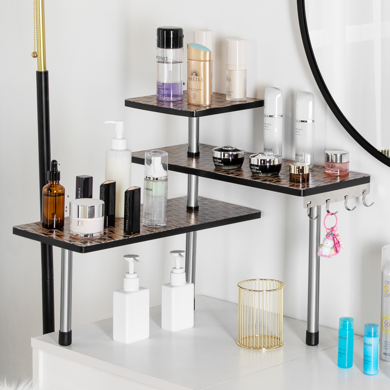 HYNAWIN 3 Tier Corner Shelf Bamboo & Metal Storage Spice Rack-Desk Bookshelf Display Shelves Space Saving Organizer 