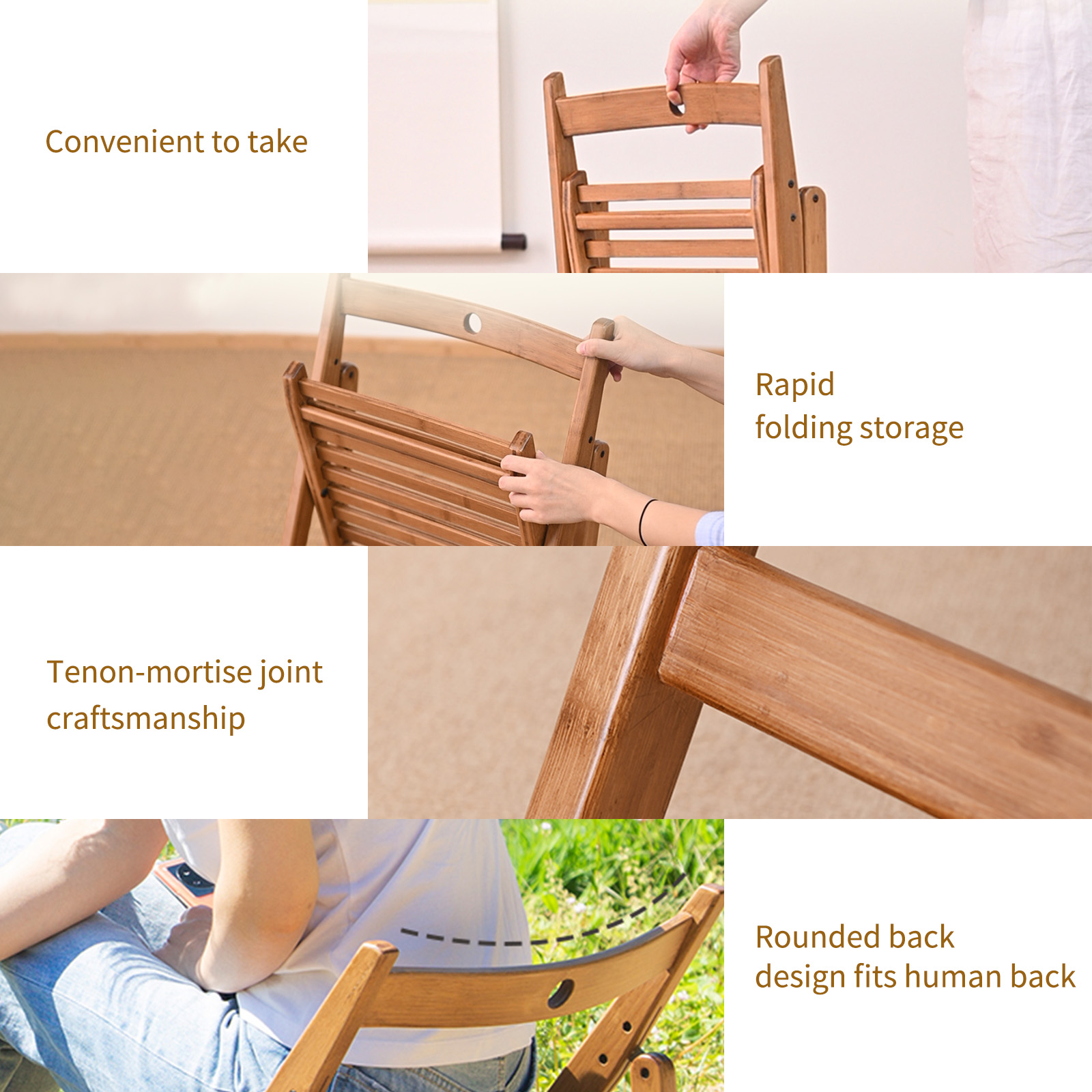 HYNAWIN Outdoor Folding Chair, Small Pastoral Retro Camping Chair, Bamboo Lounge Patio Chair for Garden, Lawn, Deck, Beach, Backyard and Campfire