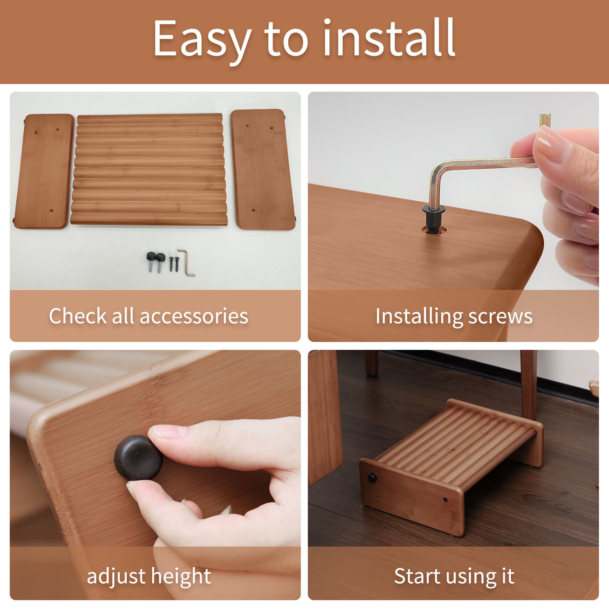 HYNAWIN Adjustable Foot Stool, Ergonomic Foot Rest for Under Desk at Work, Massage Under Desk Footrest for Home, Bamboo Portable Step Stool Under Desk with Anti-Slip Surface and 2 Height Position