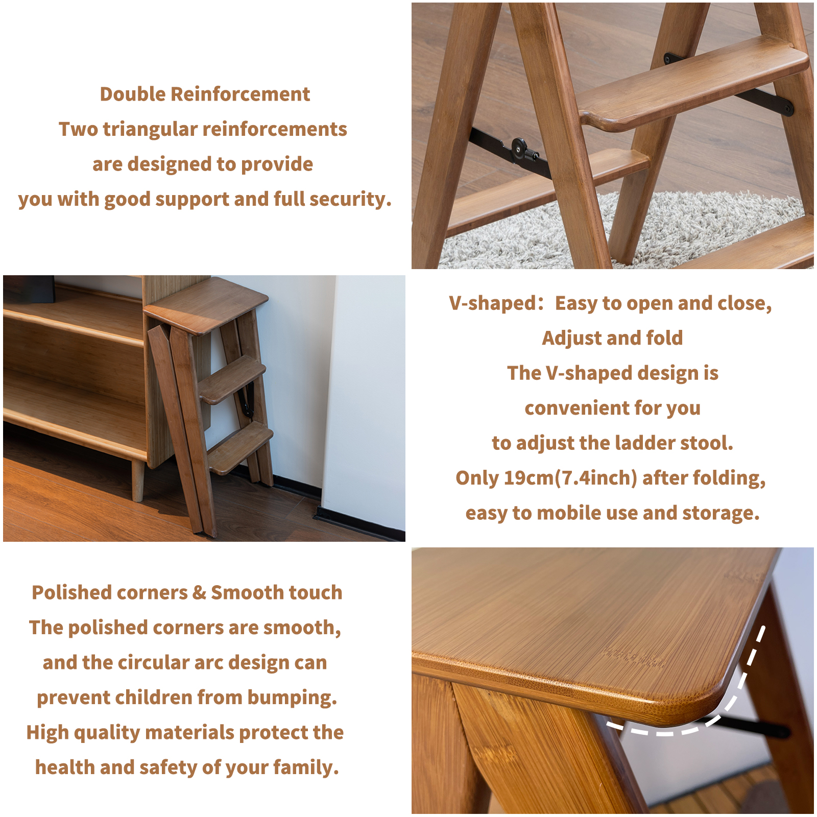 HYNAWIN 3 Tier Bamboo Ladder, Multi-Functional Foldable Ladder, Portable Bamboo Step Ladder with Wide Anti-Slip Pedals for Home, Kitchen, Office, Space-Saving