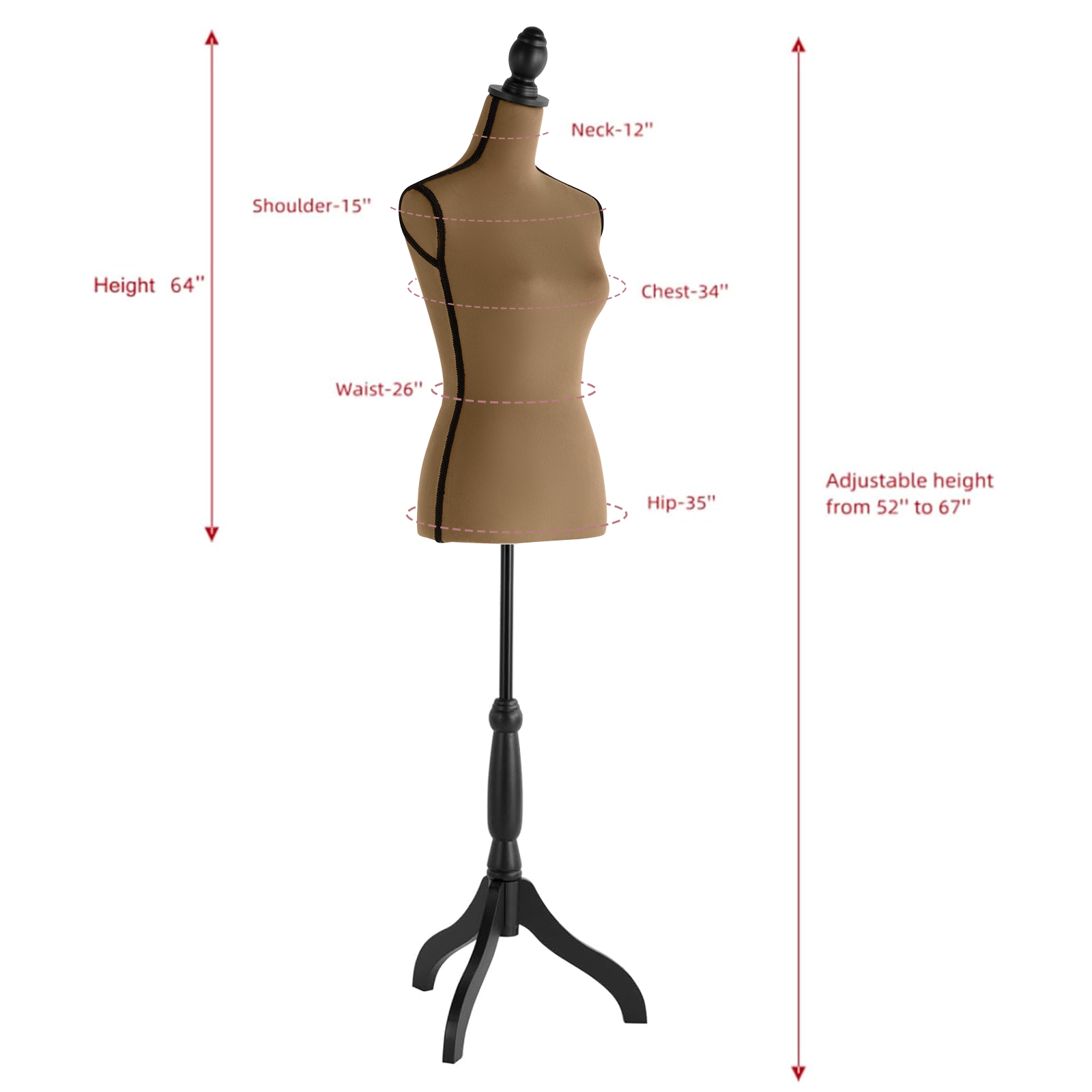 Female Dress Form Mannequin Torso Adjustable Height Mannequin Body with Tripod Stand for Clothing Dress Jewelry Display, Black