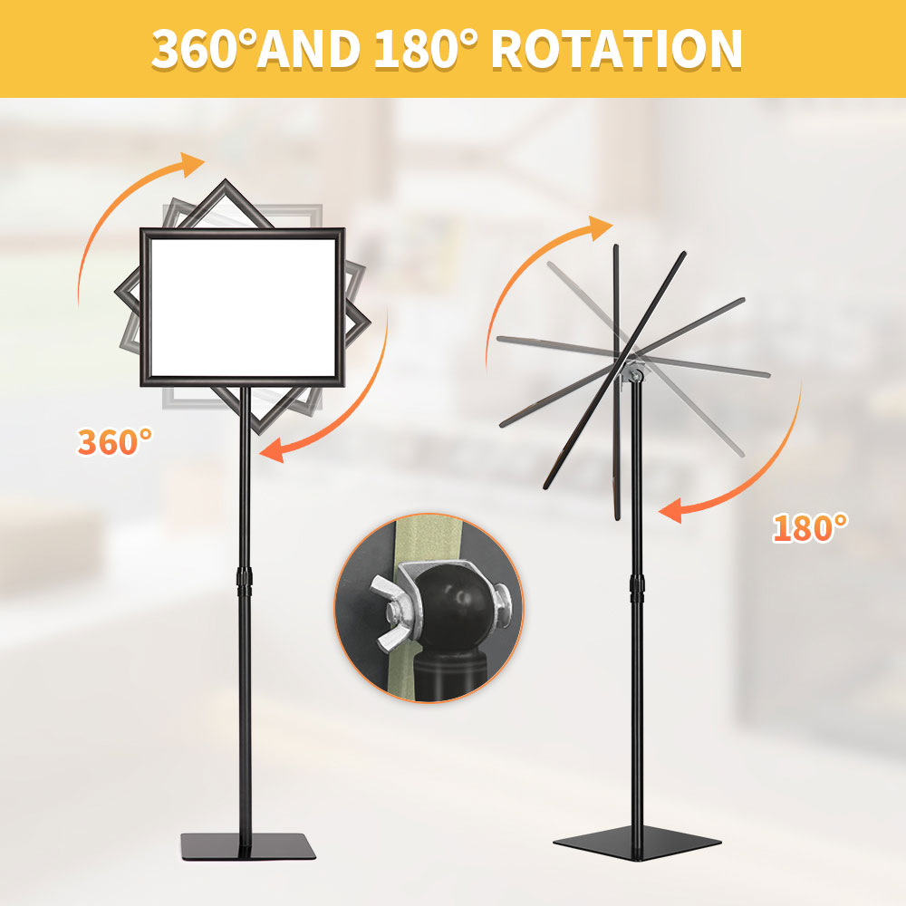Adjustable Floor Sign Stand Heavy Duty Pedestal Sign Holder Stand, Poster Stand with Aluminum Snap Open Frame for 11x17 Inches , Both Vertical and Horizontal View Sign Displayed, Black
