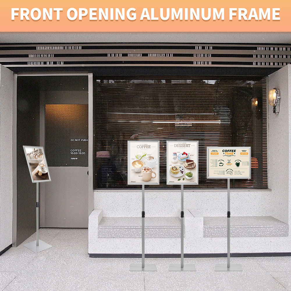 Adjustable Floor Sign Stand Heavy Duty Pedestal Sign Holder Stand, Poster Stand with Aluminum Snap Open Frame for 11x17 Inches , Both Vertical and Horizontal View Sign Displayed, Grey