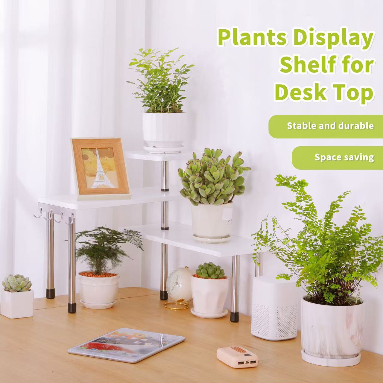 HYNAWIN 3 Tier Corner Shelf Bamboo & Metal Storage Spice Rack-Desk Bookshelf Display Shelves Space Saving Organizer -Adjustable Rack for Kitchen,Bedroom, Office-Creative Home Décor with Hooks