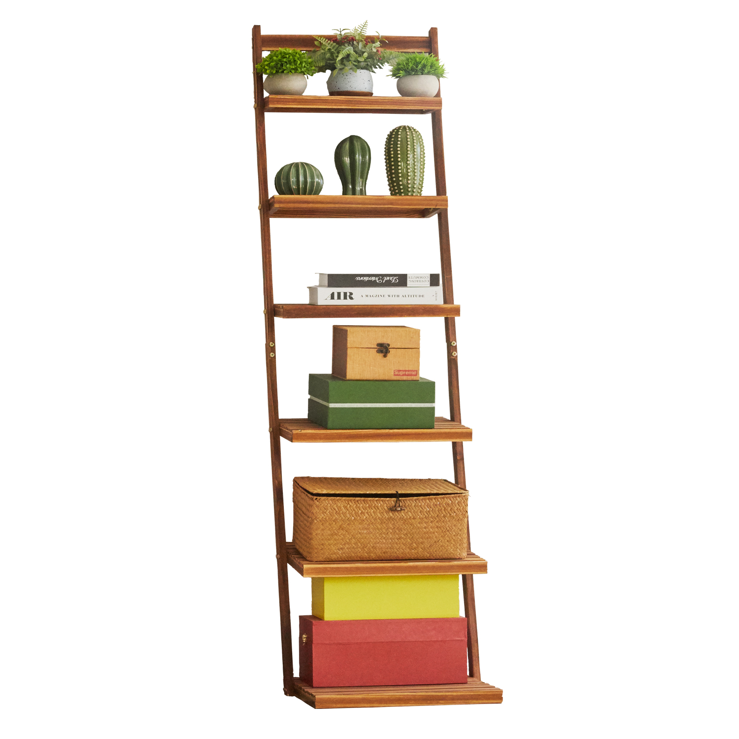 HYNAWIN Ladder Shelf Bookcase,5-Tier Bamboo Storage Rack Shelves Wall Leaning Shelf Unit,FreeStanding Plant Stand, Corner Display Shelves for Living Room, Bathroom, Kitchen, Office(65in)
