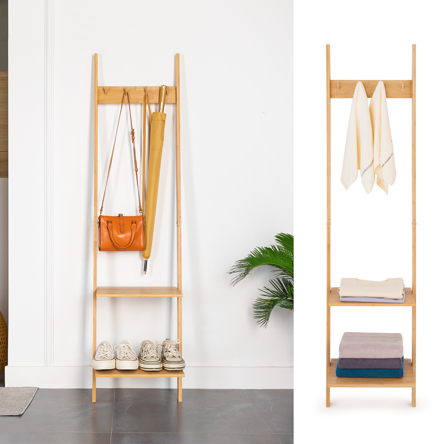 HYNAWIN Ladder Shelf Bookcase,5-Tier Bamboo Storage Rack Shelves Wall Leaning Shelf Unit,FreeStanding Plant Stand, Corner Display Shelves for Living Room, Bathroom, Kitchen, Office(65in)