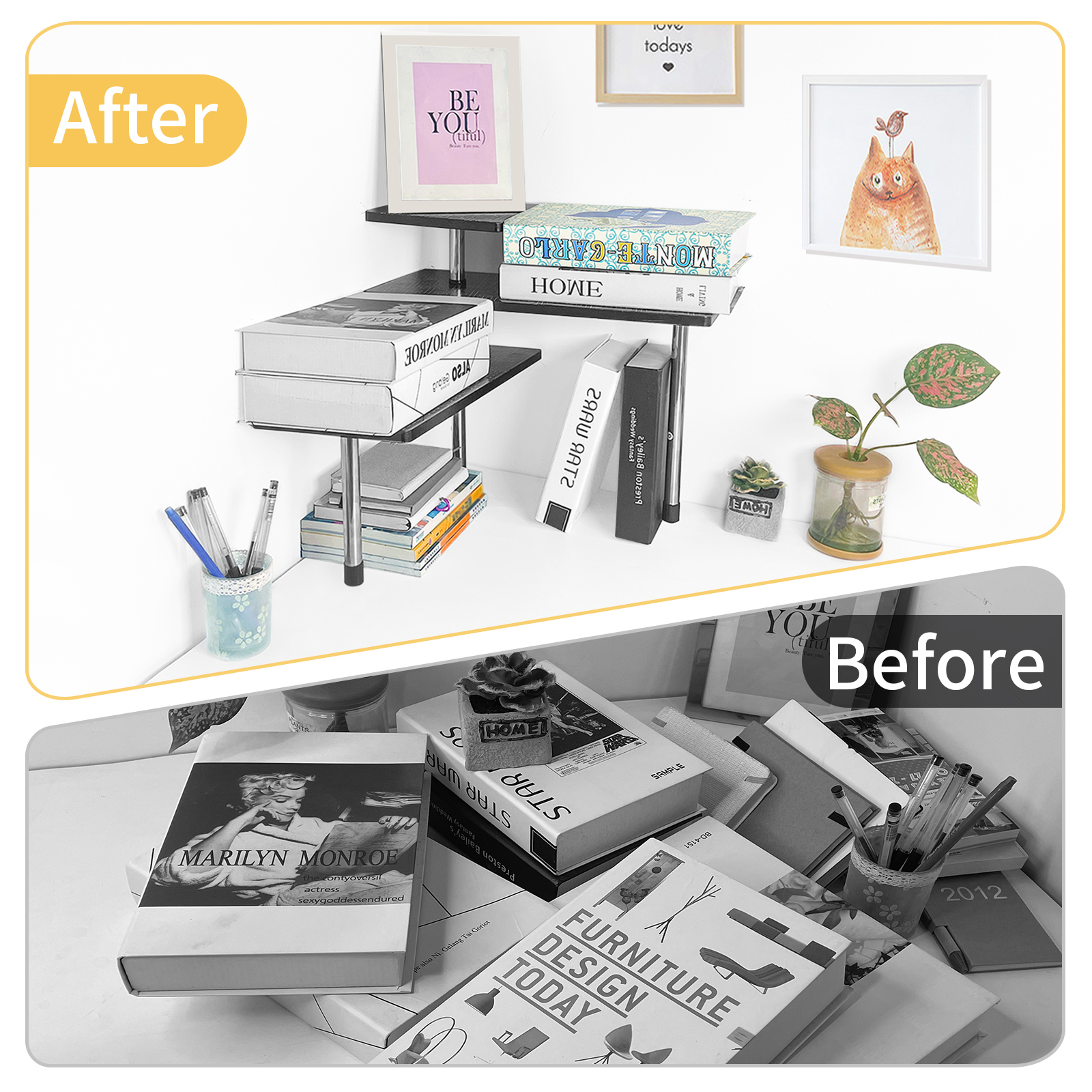 HYNAWIN 3-Tier Countertop Organizer Corner Shelves, Movable Corner Shelf, Corner Shelf Organizer with Hooks, for Kitchen, Bathroom Counter, Dresser Table, Office, Geometric