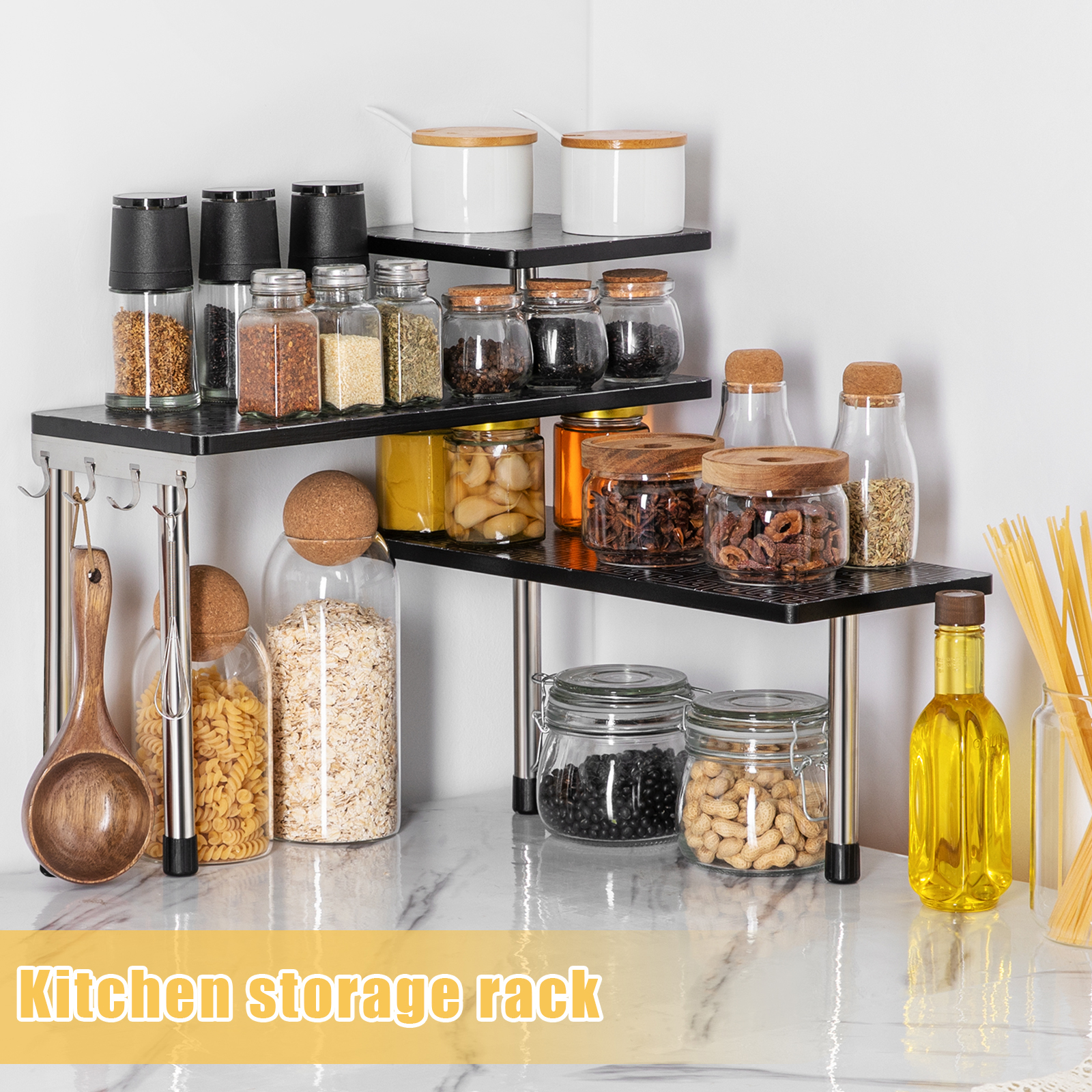 HYNAWIN 3 Tier Corner Shelf Bamboo & Metal Storage Spice Rack-Desk Bookshelf Display Shelves Space Saving Organizer -Adjustable Rack for Kitchen,Bed Room, Office-Best Home Décor (Upgraded Shelf)