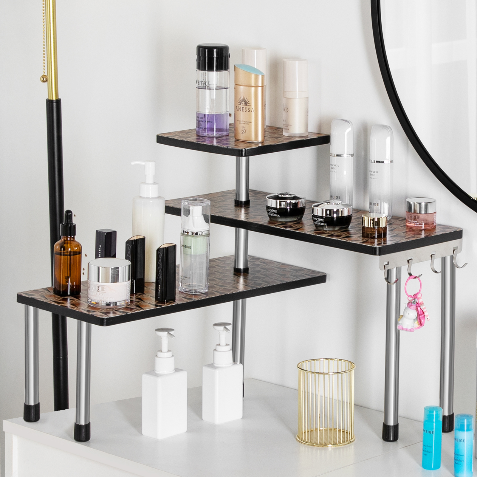 HYNAWIN 3 Tier Corner Shelf Bamboo & Metal Storage Spice Rack-Desk Bookshelf Display Shelves Space Saving Organizer