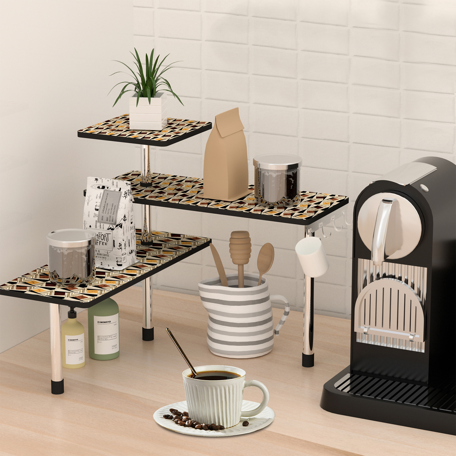 HYNAWIN 3 Tier Corner Shelf Bamboo & Metal Storage Spice Rack-Desk Bookshelf Display Shelves Space Saving Organizer 