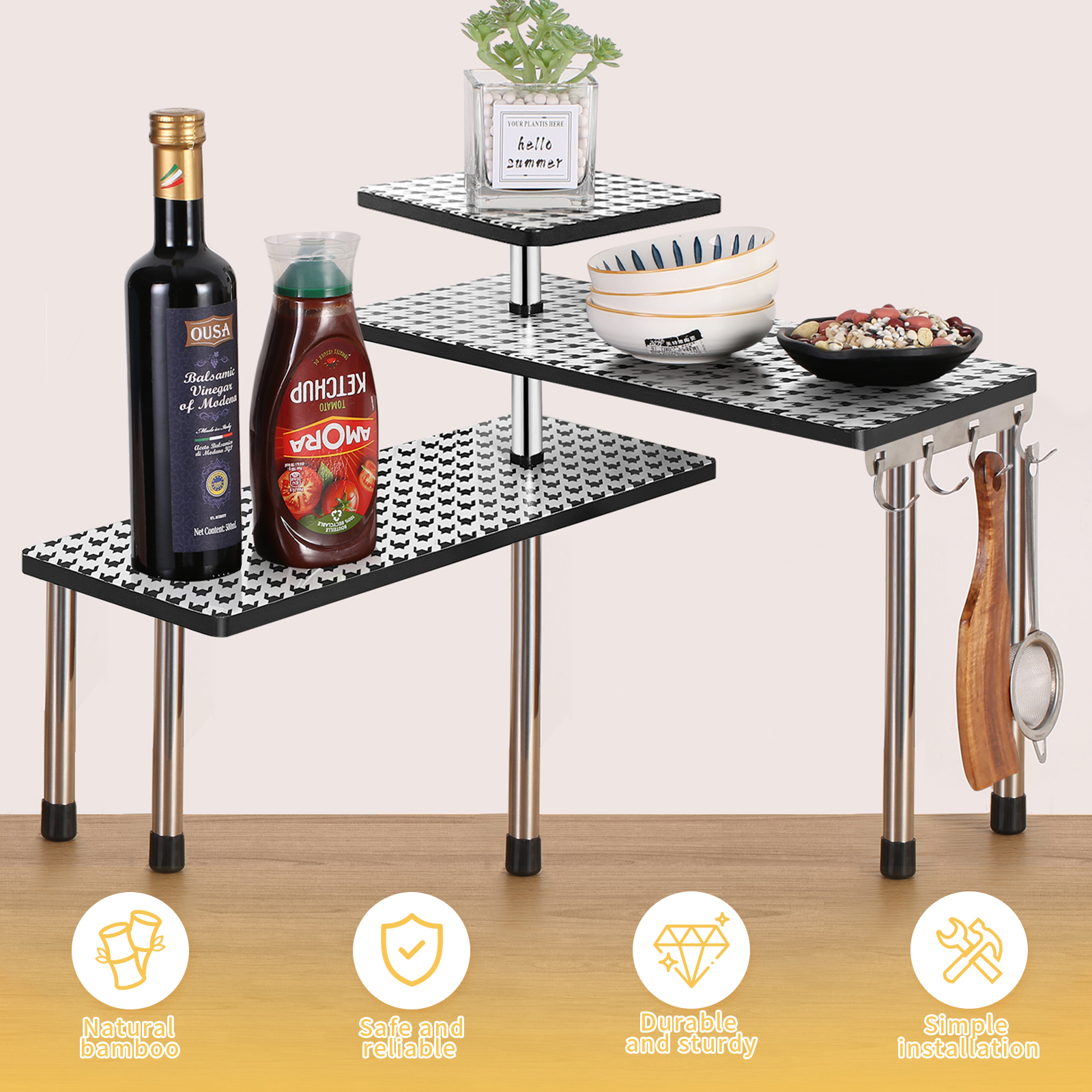 HYNAWIN 3 Tier Corner Shelf Bamboo & Metal Storage Spice Rack-Desk Bookshelf Display Shelves Space Saving Organizer