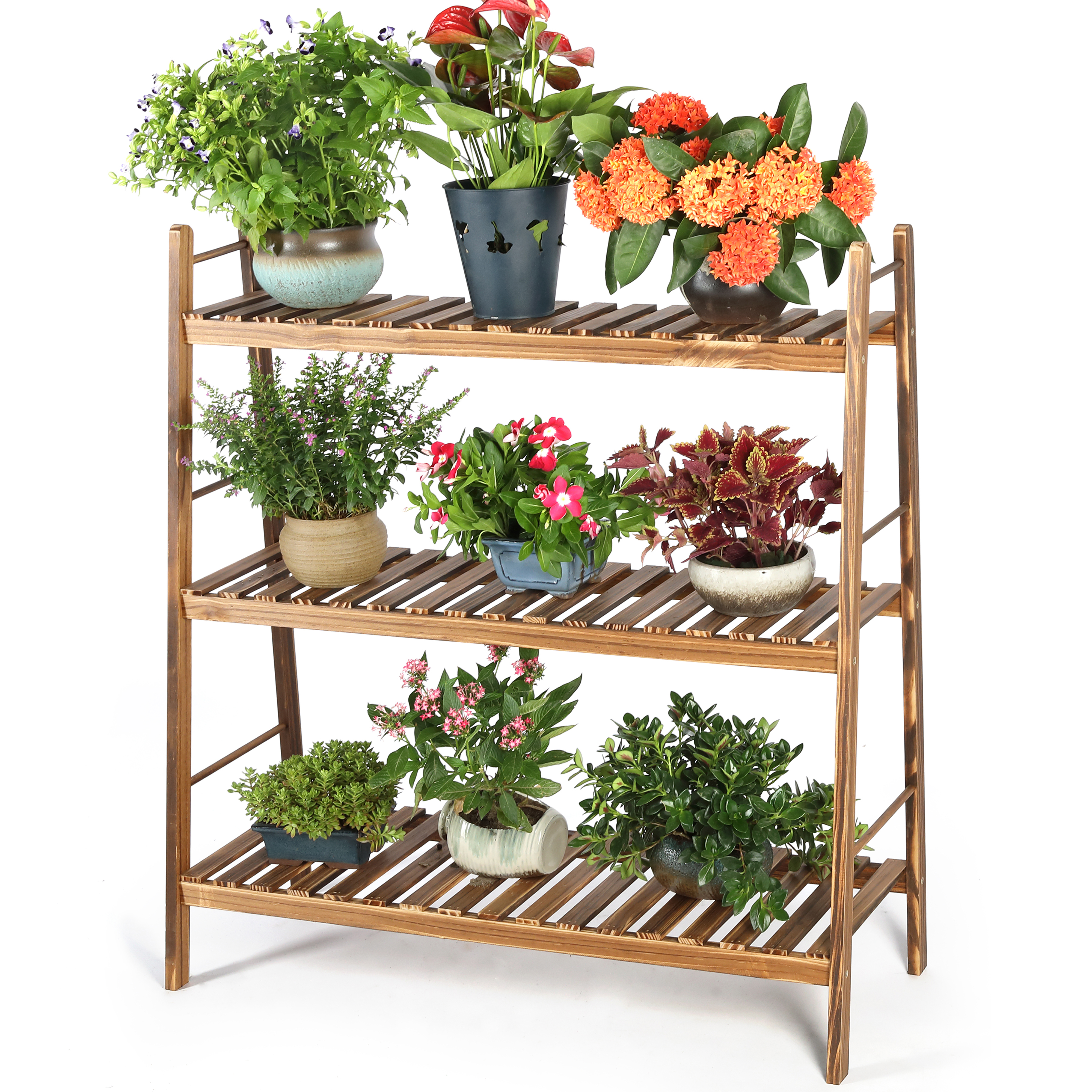 Wood Plant Stands, 3 Tiers Plant Rack, Carbonized Plant Holder, Vertical Tiered Plant Ladder Shelf, Indoor Outdoor Display Rack for Patio Garden Balcony Yard