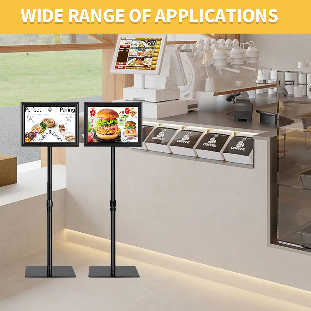Adjustable Floor Sign Stand Heavy Duty Pedestal Sign Holder Stand, Poster Stand with Aluminum Snap Open Frame for 11x17 Inches , Both Vertical and Horizontal View Sign Displayed, Black