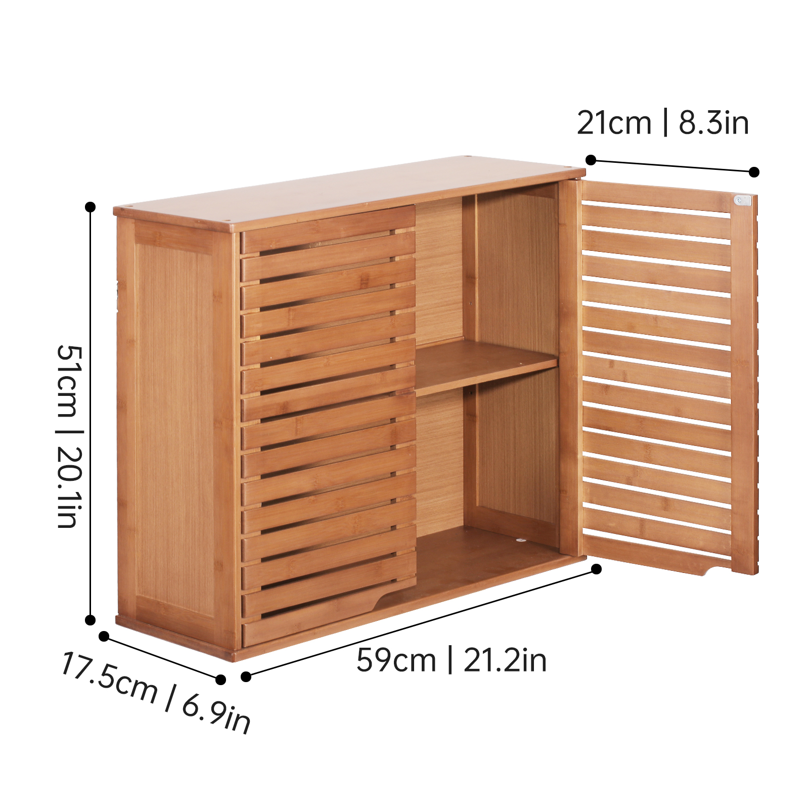 HYNAWIN Bamboo 2 Tier Bathroom Wall Cabinet with Adjustable Shelf, Double Door Cabinet for Bathroom, Living Room (20.28'' Height)