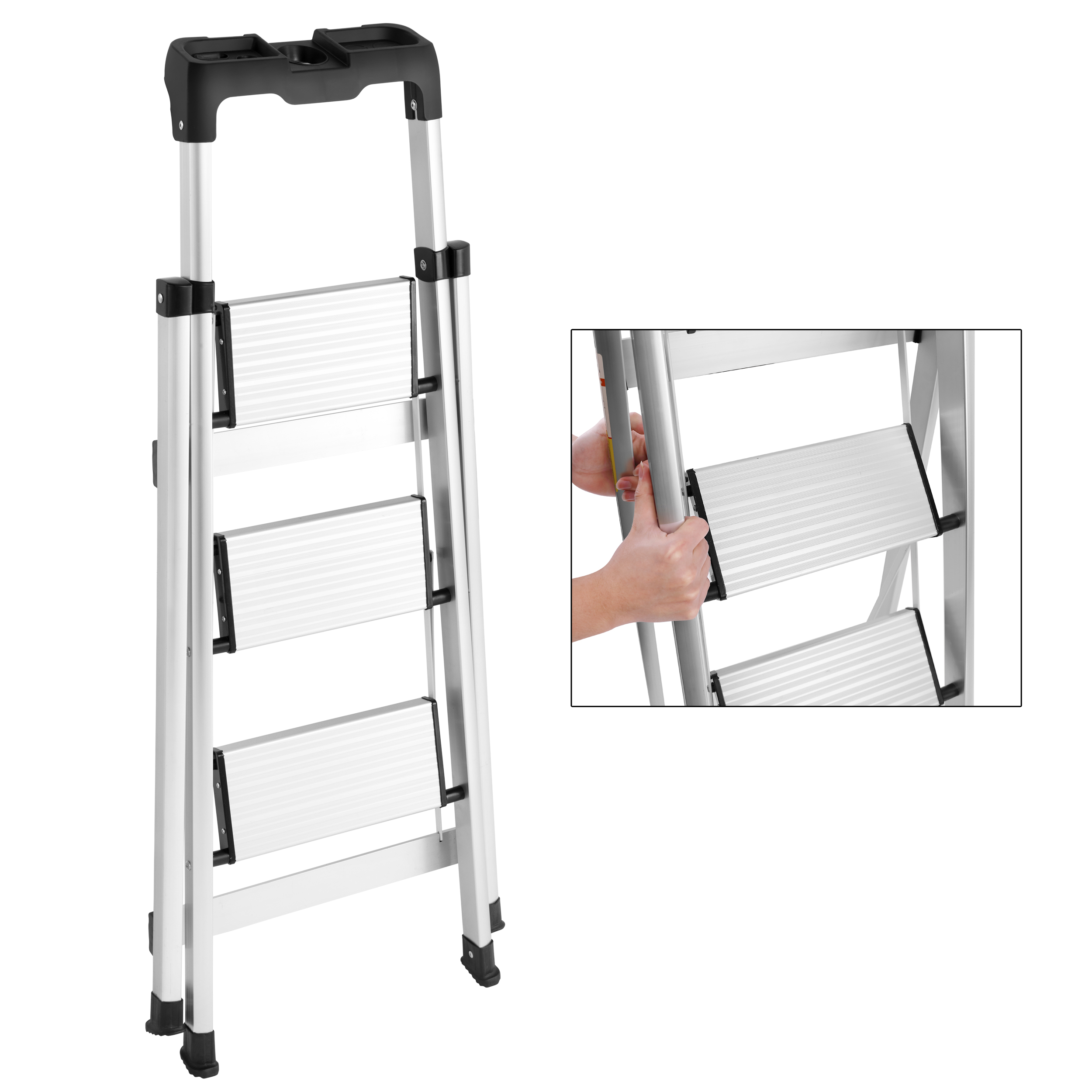3 Step Ladder, Folding Step Stool with Anti-Slip Pedal and Tool Tray, Lightweight Aluminum Home Ladder for Home Kitchen Office