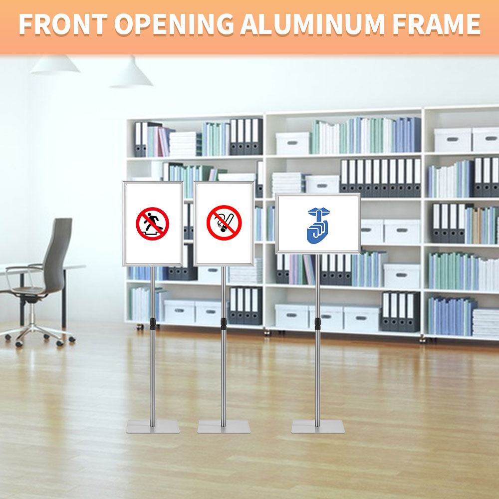 Adjustable Floor Sign Stand Heavy Duty Pedestal Sign Holder Stand, Poster Stand with Aluminum Snap Open Frame for 11x17 Inches , Both Vertical and Horizontal View Sign Displayed, Grey