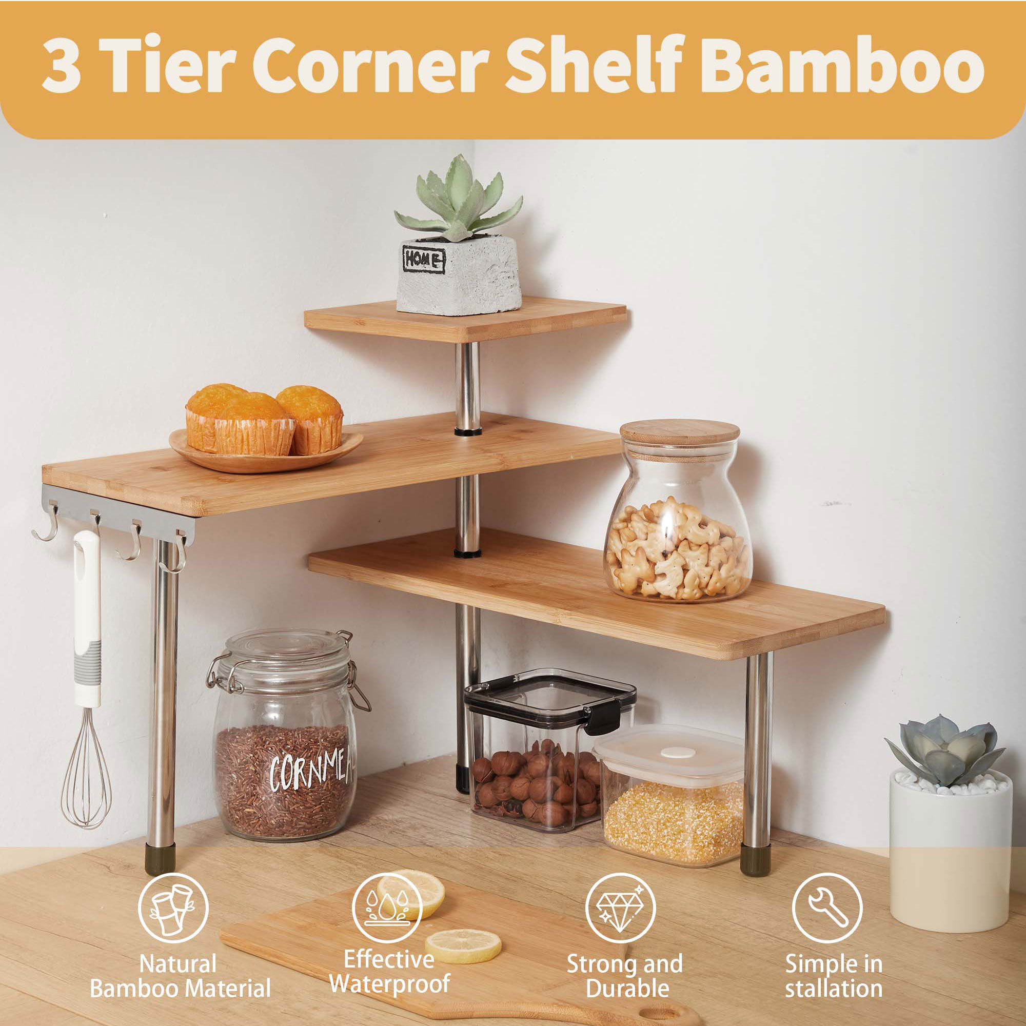 HYNAWIN 3 Tier Corner Shelf Bamboo & Metal Storage Spice Rack-Desk Bookshelf Display Shelves Space Saving Organizer