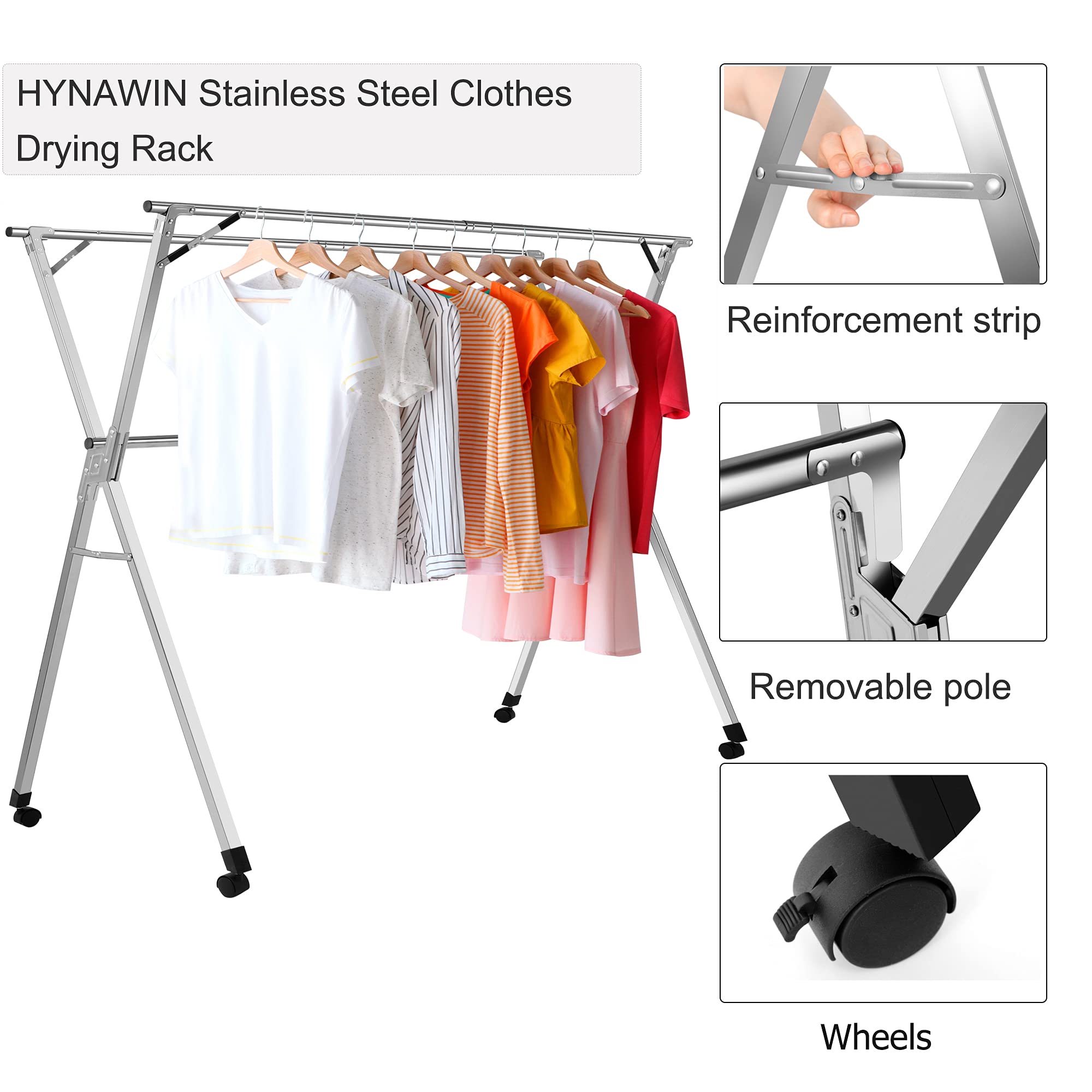 Clothes Drying Racks, Upgraded Stainless Steel Laundry Drying Rack with Wheels, Heavy Duty Collapsible Rolling Clothes Organizer Rack for Indoor Outdoor, 1.5M/59 Inches