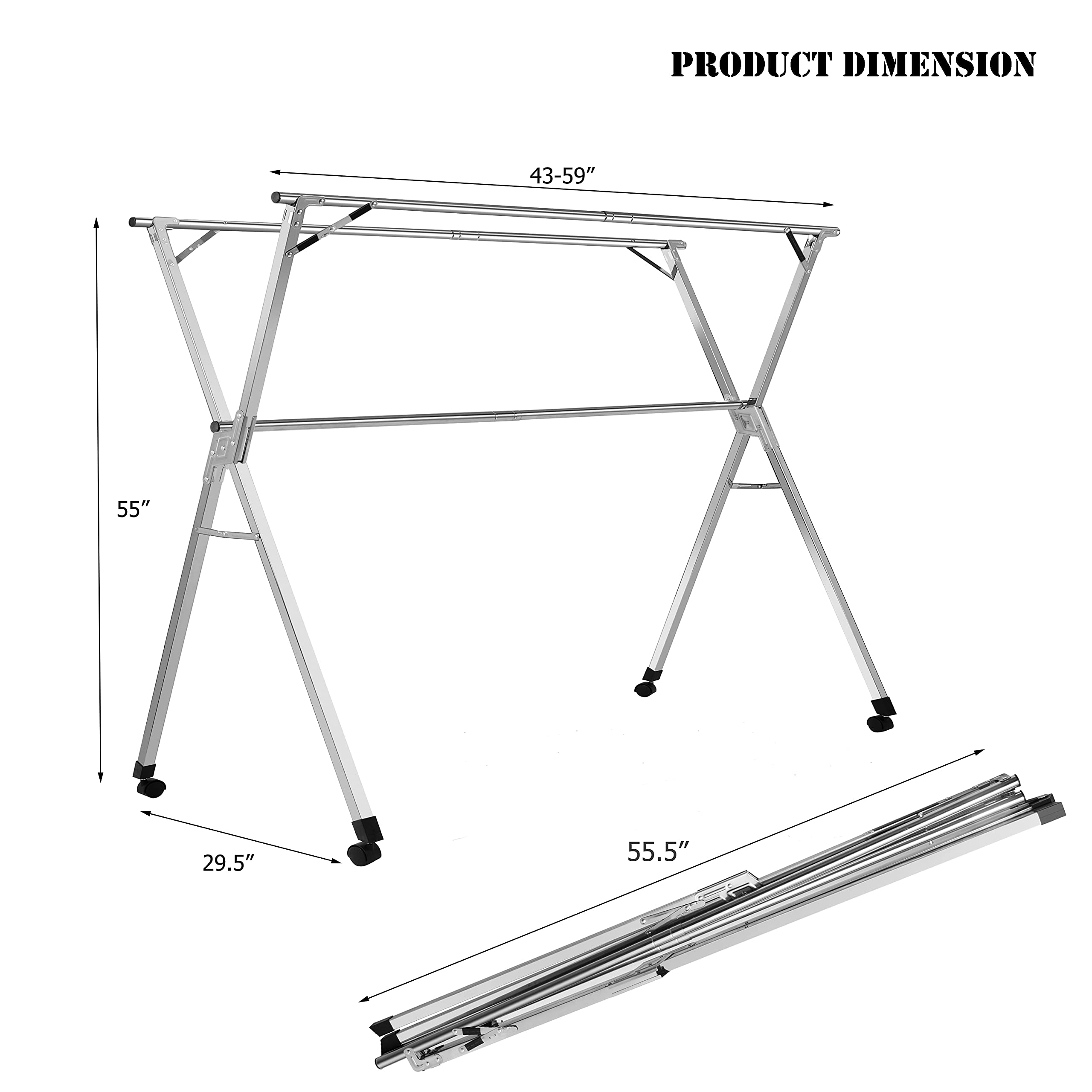 Clothes Drying Racks, Upgraded Stainless Steel Laundry Drying Rack with Wheels, Heavy Duty Collapsible Rolling Clothes Organizer Rack for Indoor Outdoor, 1.5M/59 Inches