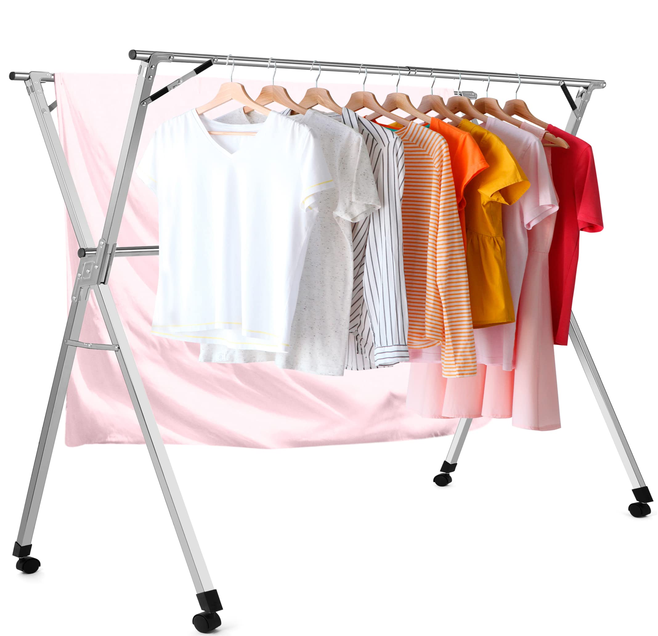 Clothes Drying Racks, Upgraded Stainless Steel Laundry Drying Rack with Wheels, Heavy Duty Collapsible Rolling Clothes Organizer Rack for Indoor Outdoor, 1.5M/59 Inches