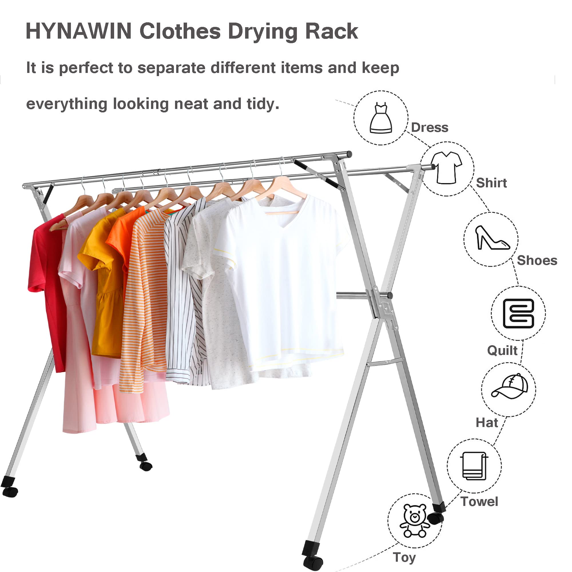 Clothes Drying Racks, Upgraded Stainless Steel Laundry Drying Rack with Wheels, Heavy Duty Collapsible Rolling Clothes Organizer Rack for Indoor Outdoor, 1.5M/59 Inches
