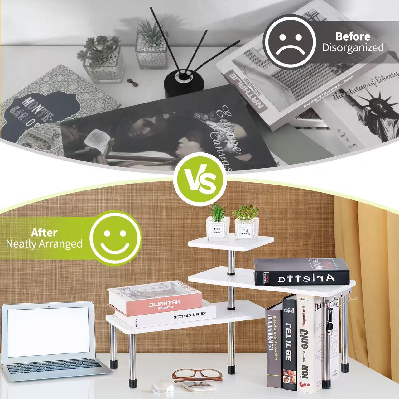 HYNAWIN 3 Tier Corner Shelf Bamboo & Metal Storage Spice Rack-Desk Bookshelf Display Shelves Space Saving Organizer -Adjustable Rack for Kitchen,Bedroom, Office-Creative Home Décor with Hooks