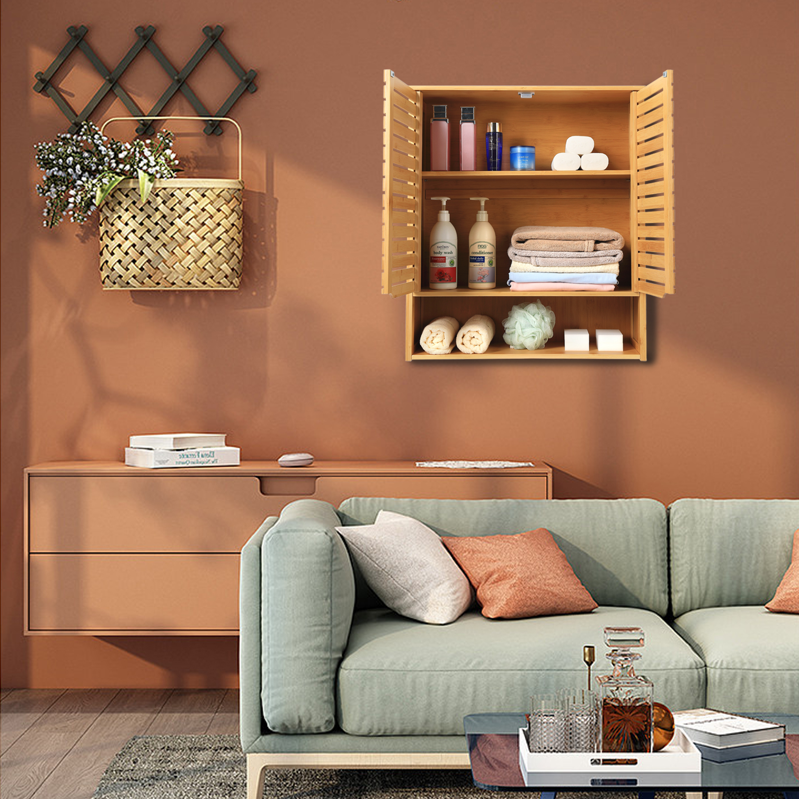 HYNAWIN Bamboo Wall Cabinet with Adjustable Shelf, Medicine Cabinet for Bathroom Living Room, Over-The-Toilet Floating Cabinet