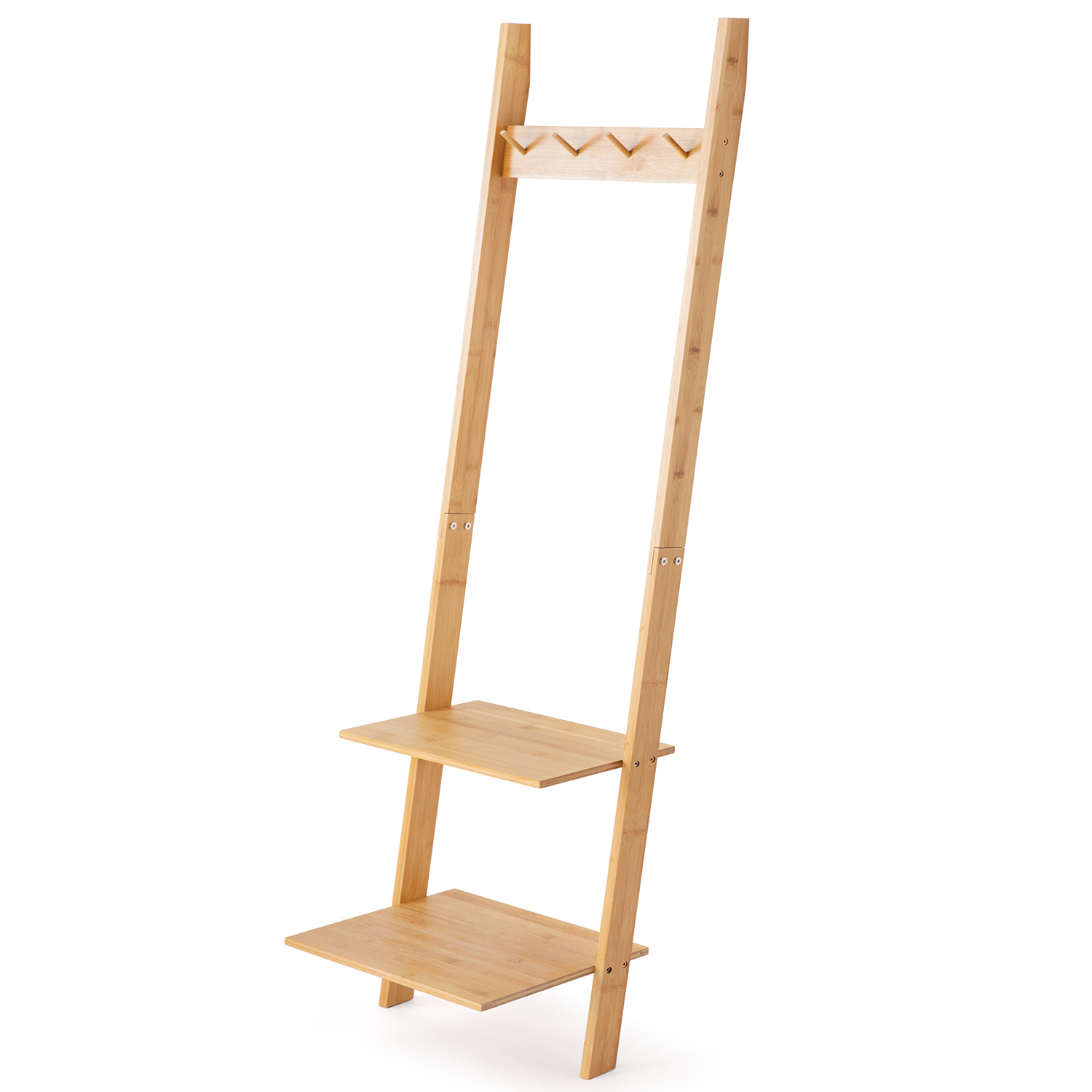 HYNAWIN Ladder Shelf Bookcase,5-Tier Bamboo Storage Rack Shelves Wall Leaning Shelf Unit,FreeStanding Plant Stand, Corner Display Shelves for Living Room, Bathroom, Kitchen, Office(65in)