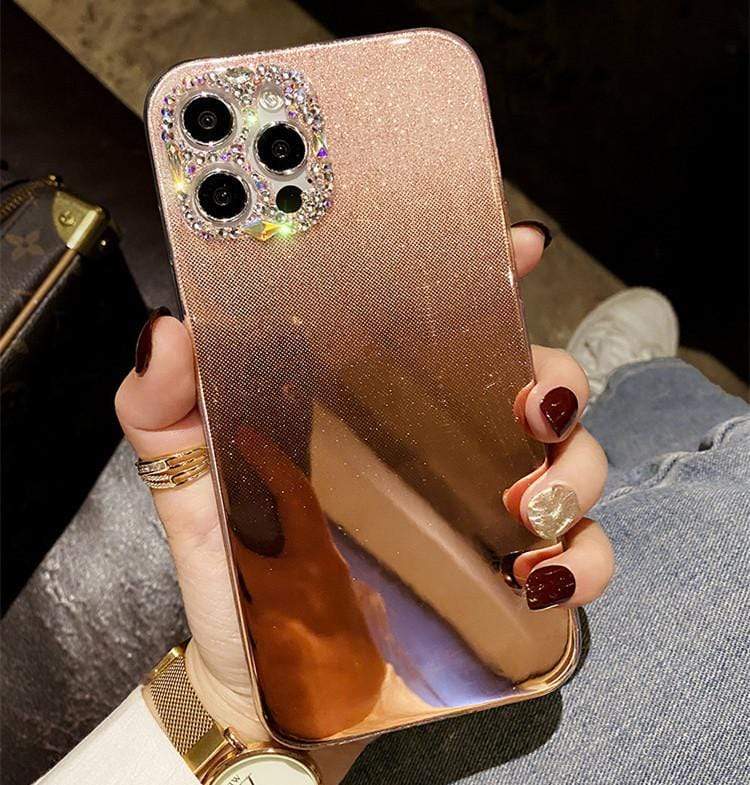 Rhinestone Diamond Lens Protection Golden Mirror Designer iPhone Case For All iPhone Models