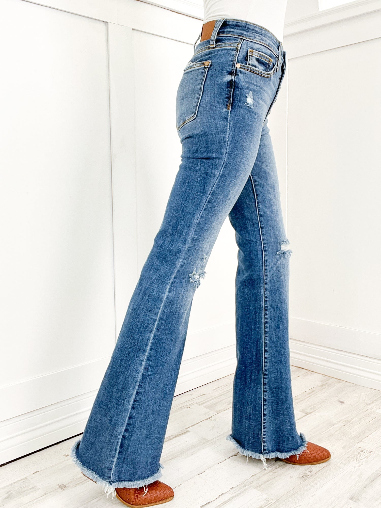 Judy Mid Rise Button Fly Distressed Flare Jeans with Fray Hem (Buy 2 Free Shipping)