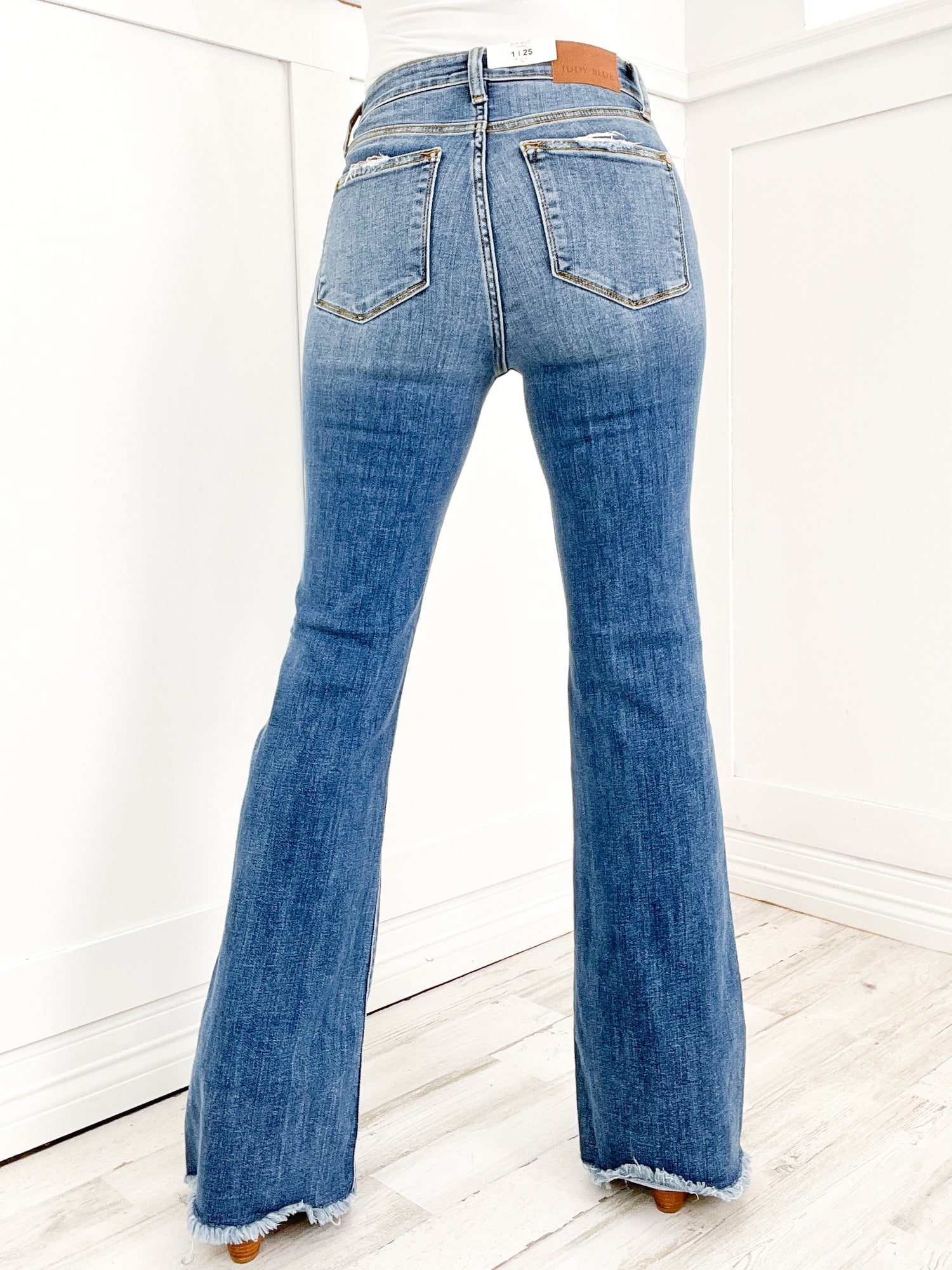Judy Mid Rise Button Fly Distressed Flare Jeans with Fray Hem (Buy 2 Free Shipping)