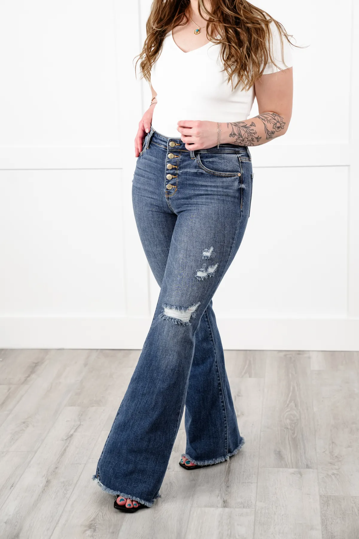 Judy Mid Rise Button Fly Distressed Flare Jeans with Fray Hem (Buy 2 Free Shipping)