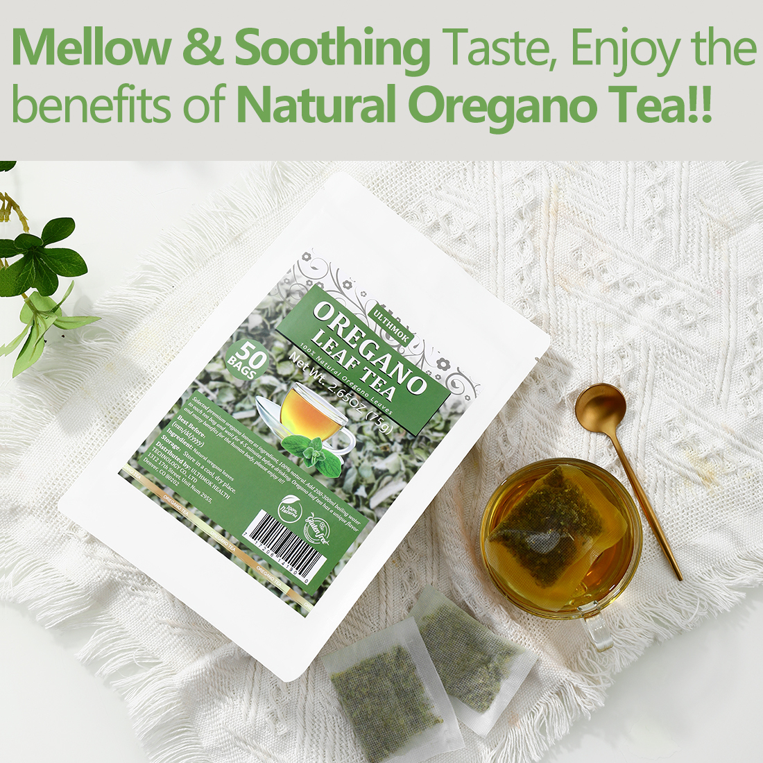 Premium 50 Oregano Tea Bags, Made with 100% Natural Oregano Leaves, No Additives & Caffeine Free.