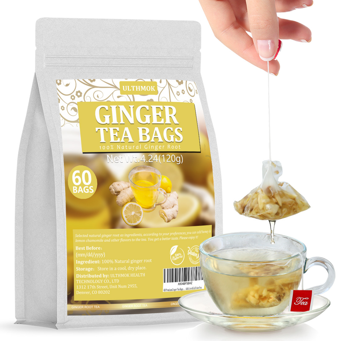 60 Premium Ginger Tea Bags, Made with 100% Natural Ginger Root, Warm & Spicy, Support Digestion & Boost Immunity, No Additives & Caffeine Free.