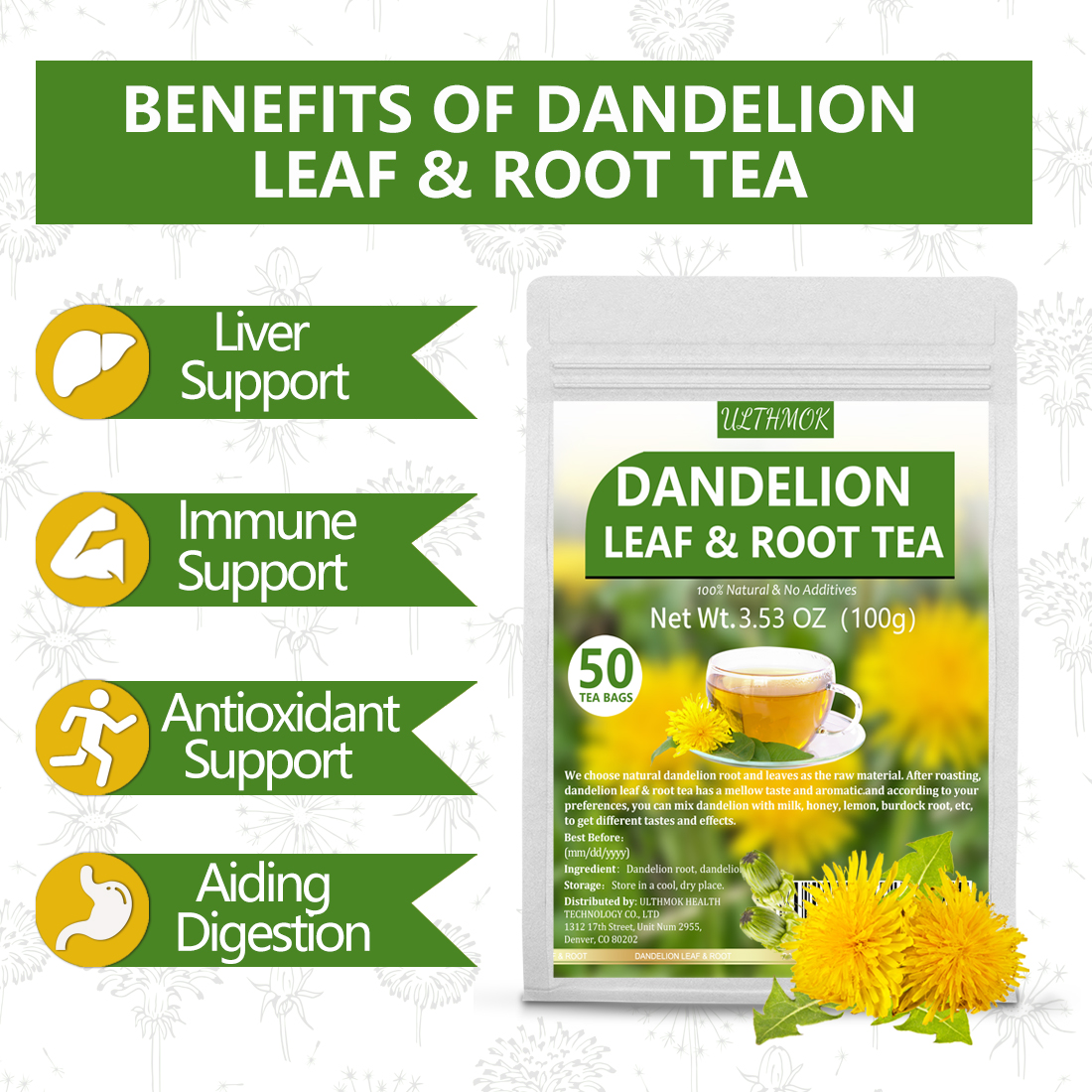 Premium Dandelion Leaf & Root Tea,50 Tea Bags /3.53Oz, for Liver & Kidney Health, Roasted Detox Herbal Tea. Support Digestion & Boost Immune System, Caffeine Free.