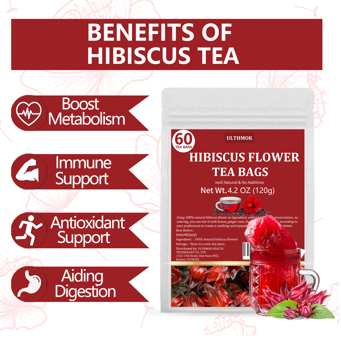 Premium Hibiscus Tea Bags,60 Tea Bags 2g /4.24 Oz,100% Pure Dried Hibiscus Flower,Natural & No Additives,Caffeine Free.