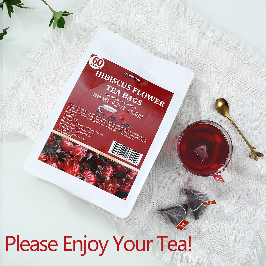 Premium Hibiscus Tea Bags,60 Tea Bags 2g /4.24 Oz,100% Pure Dried Hibiscus Flower,Natural & No Additives,Caffeine Free.