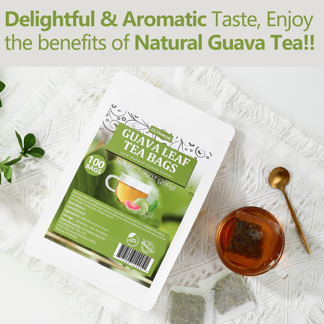 Premium 100 Guava Leaf Tea Bags, Made with 100% Natural Guava Leaves, No Additives & Caffeine Free.