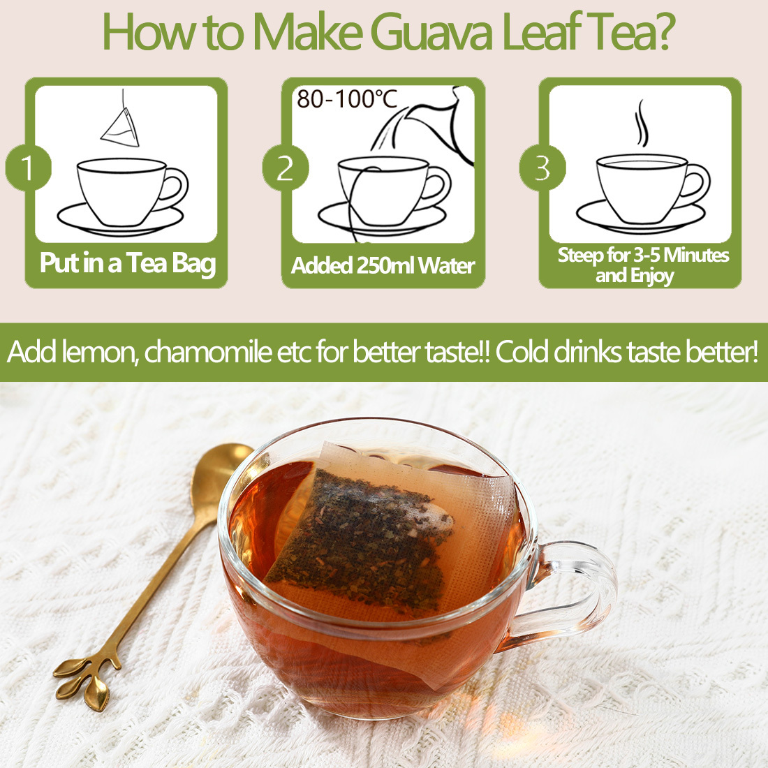Premium 100 Guava Leaf Tea Bags, Made with 100% Natural Guava Leaves, No Additives & Caffeine Free.