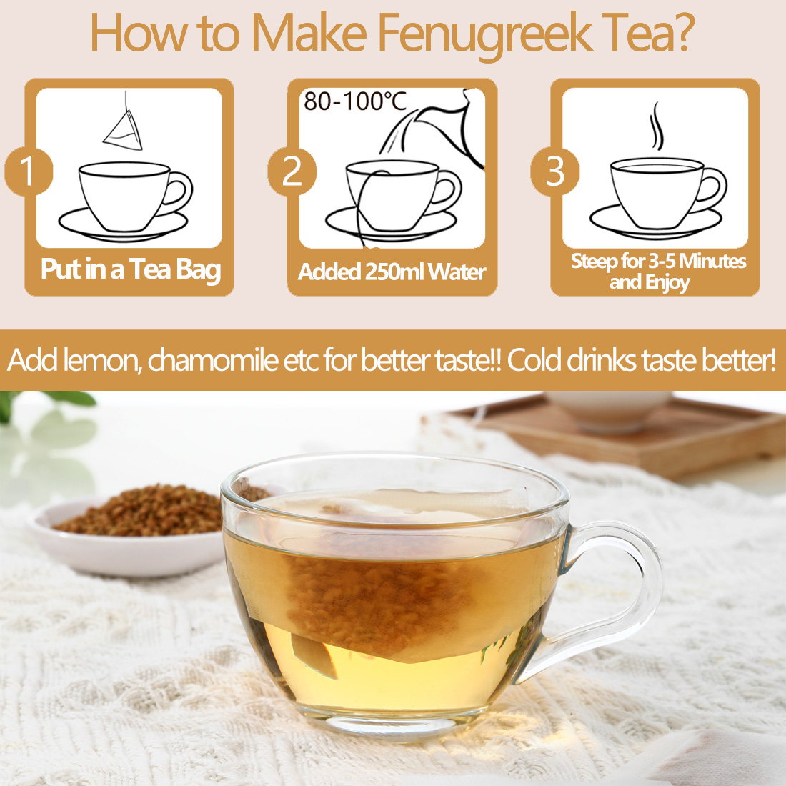 Premium 60 Fenugreek Tea Bags, Made with 100% Natural Fenugreek Methi Fenogreco Seeds, No Additives & Caffeine Free.