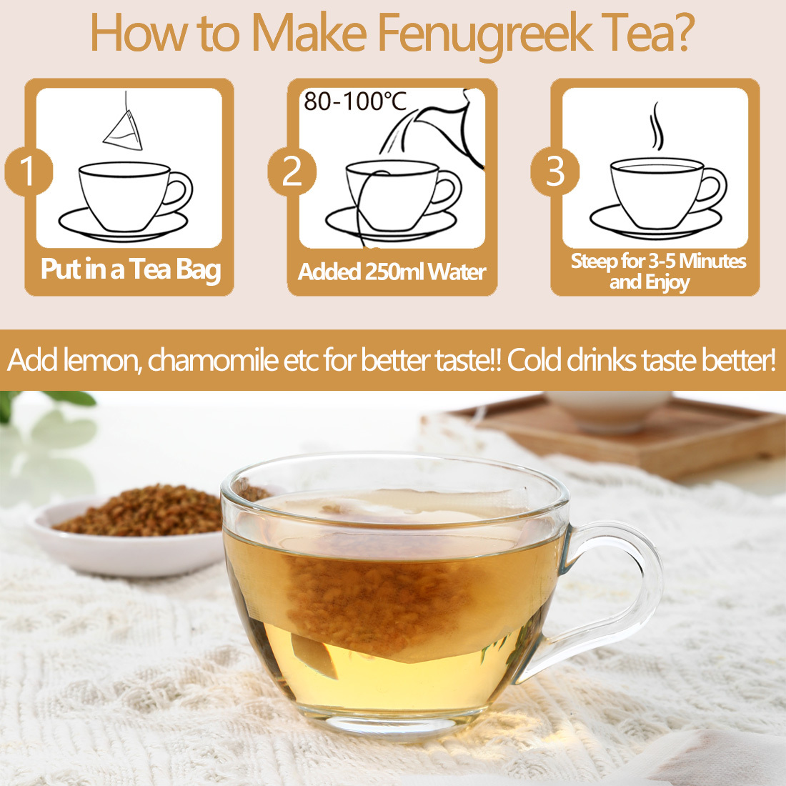 Premium 60 Fenugreek Tea Bags, Made with 100% Natural Fenugreek Methi Fenogreco Seeds, No Additives & Caffeine Free.