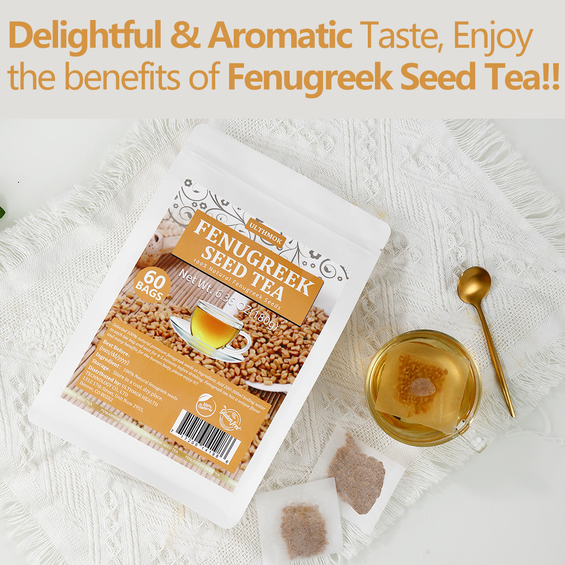 Premium 60 Fenugreek Tea Bags, Made with 100% Natural Fenugreek Methi Fenogreco Seeds, No Additives & Caffeine Free.