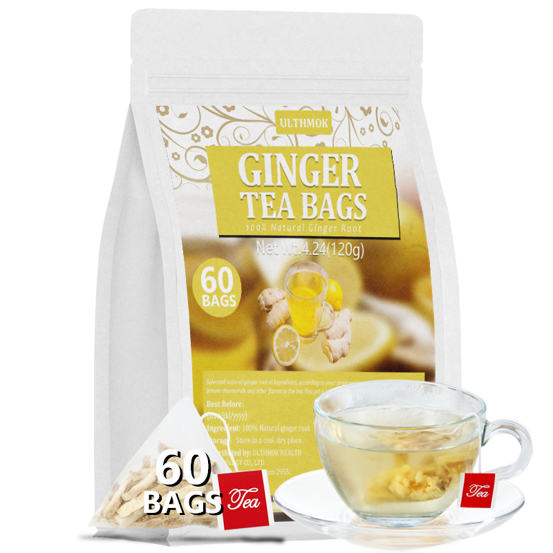 60 Premium Ginger Tea Bags, Made with 100% Natural Ginger Root, Warm & Spicy, Support Digestion & Boost Immunity, No Additives & Caffeine Free.